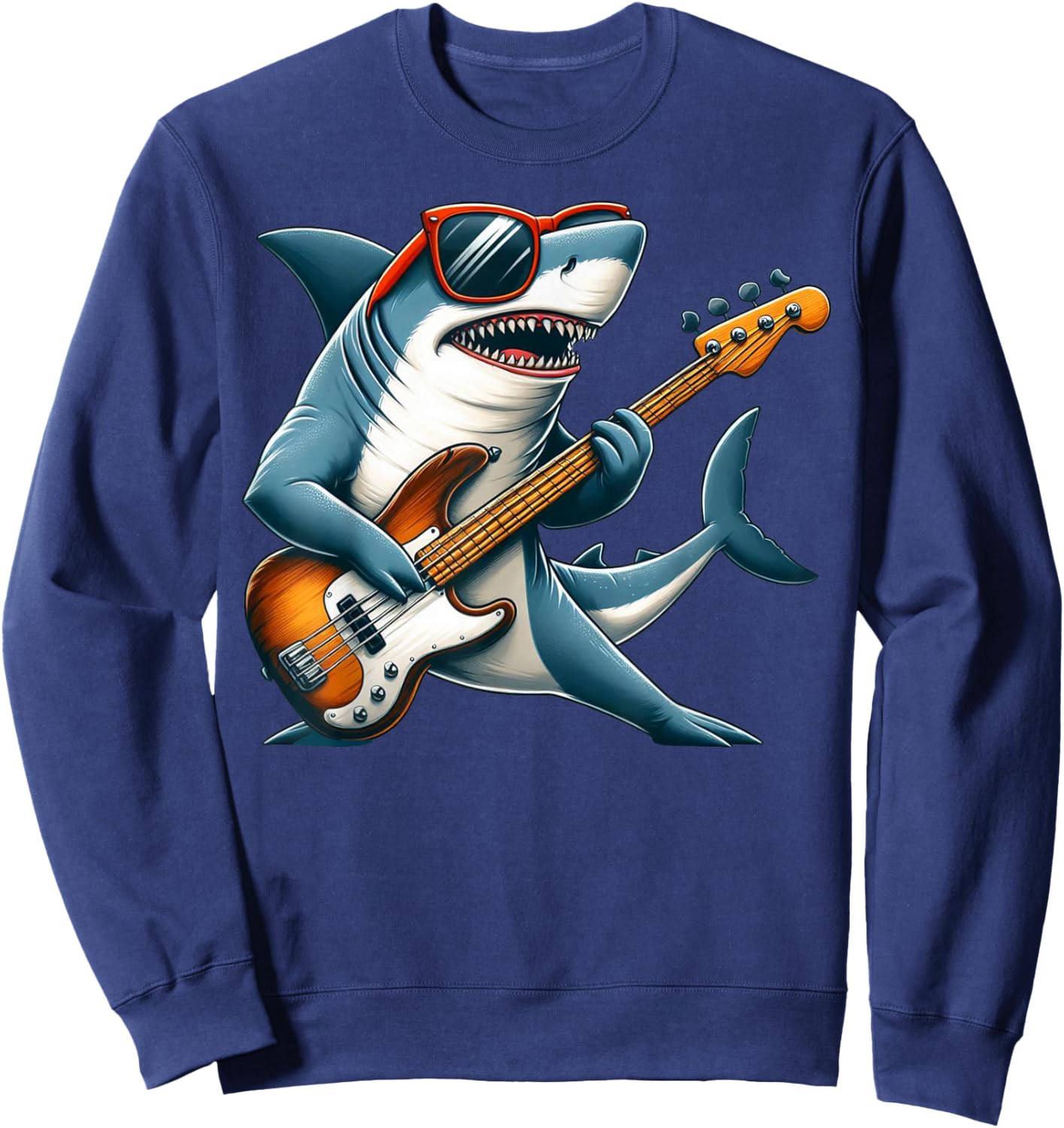 Funny Electric Guitar Lover Graphic Of A Shark Playing Bass Sweatshirt - Sweatshirt | Navy