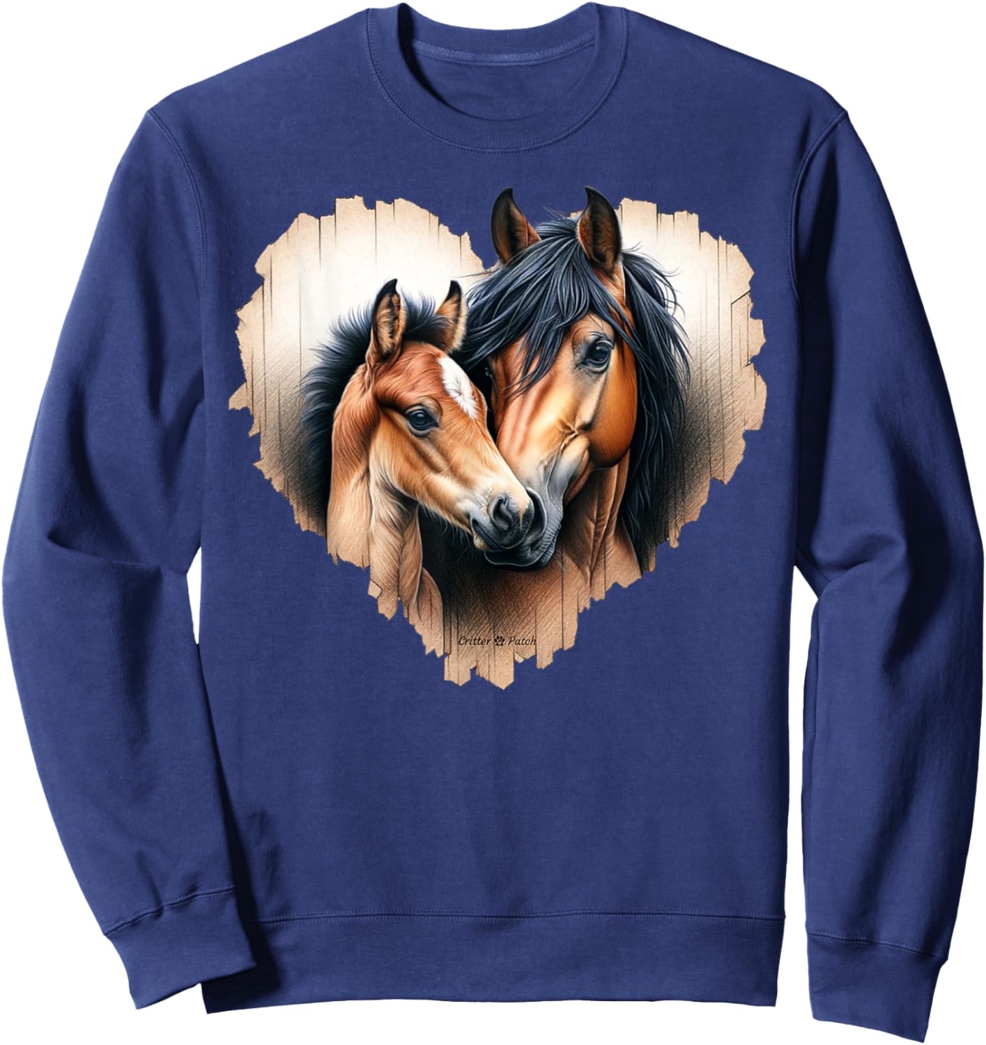 Watercolor Bay Horse Mare and Foal Bust On Wooden Heart Sweatshirt - Sweatshirt | Navy