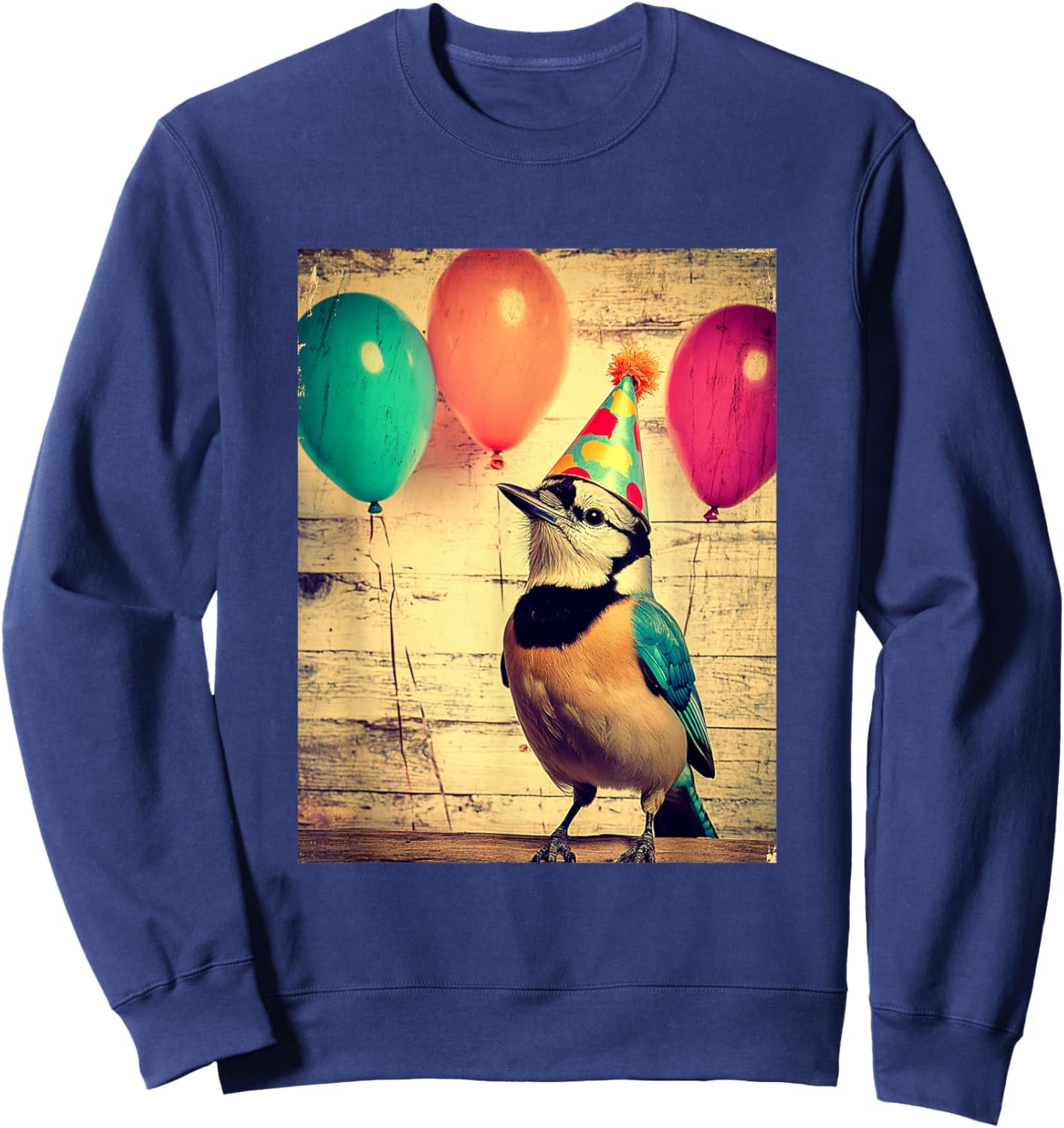 Blue Jay Retro Art Print Birthday Party Balloons & Party Hat Sweatshirt - Sweatshirt | Navy