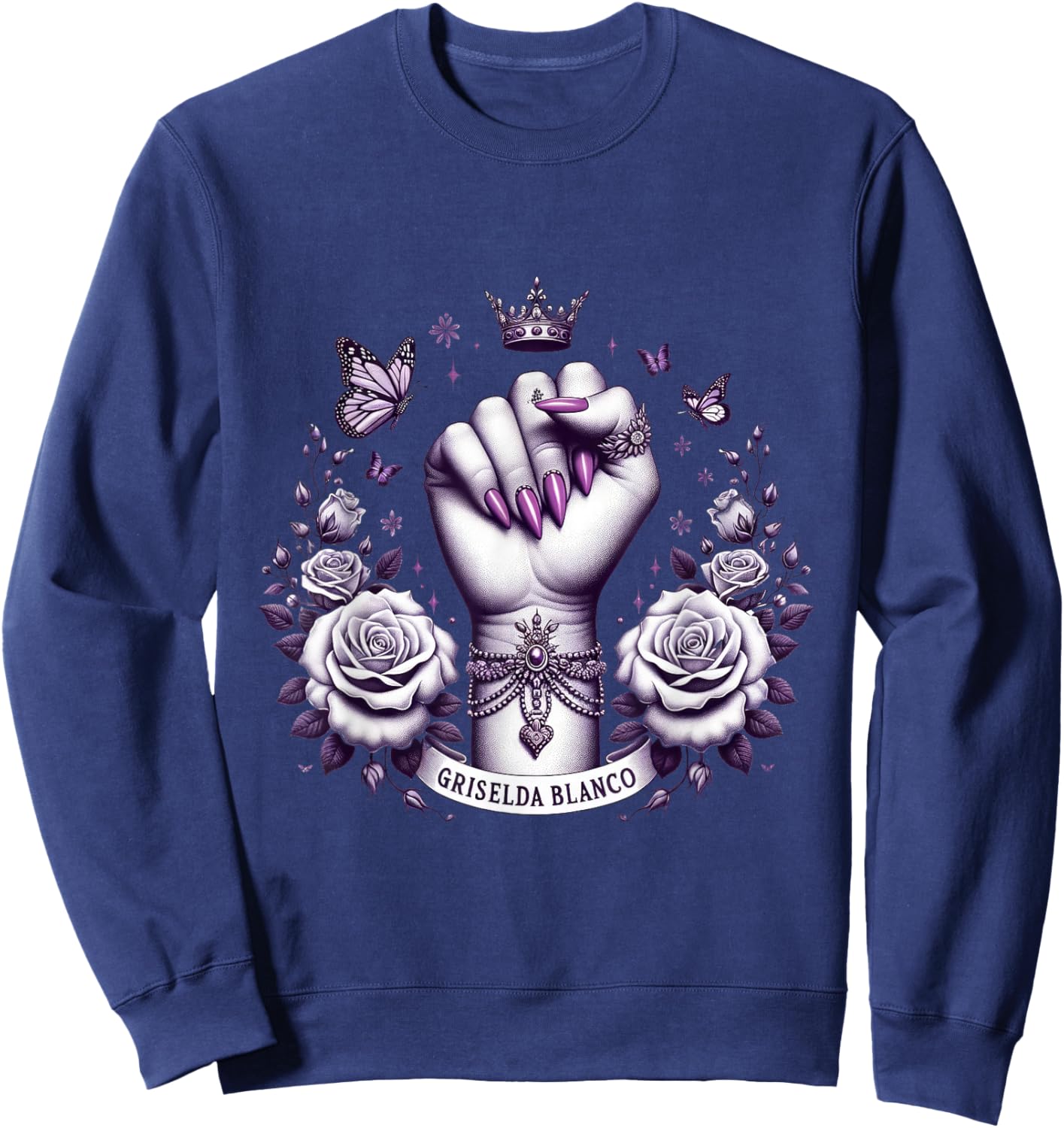 Griselda Blanco Crown Fist With Roses and Butterflies Sweatshirt - Sweatshirt | Navy