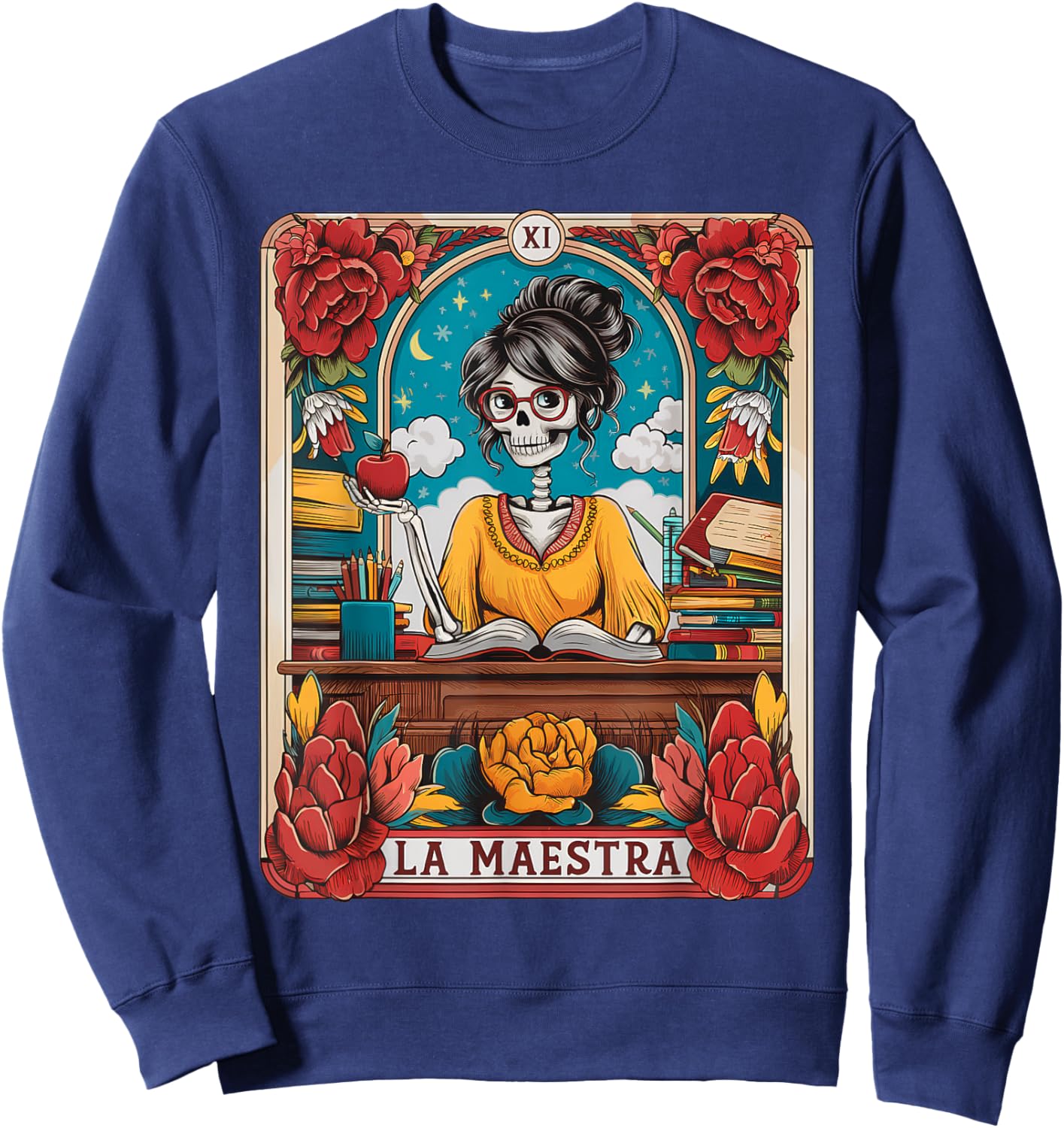 La Maestra Tarot Card Funny Spanish Teacher Mexican Skeleton Sweatshirt - Sweatshirt | Navy