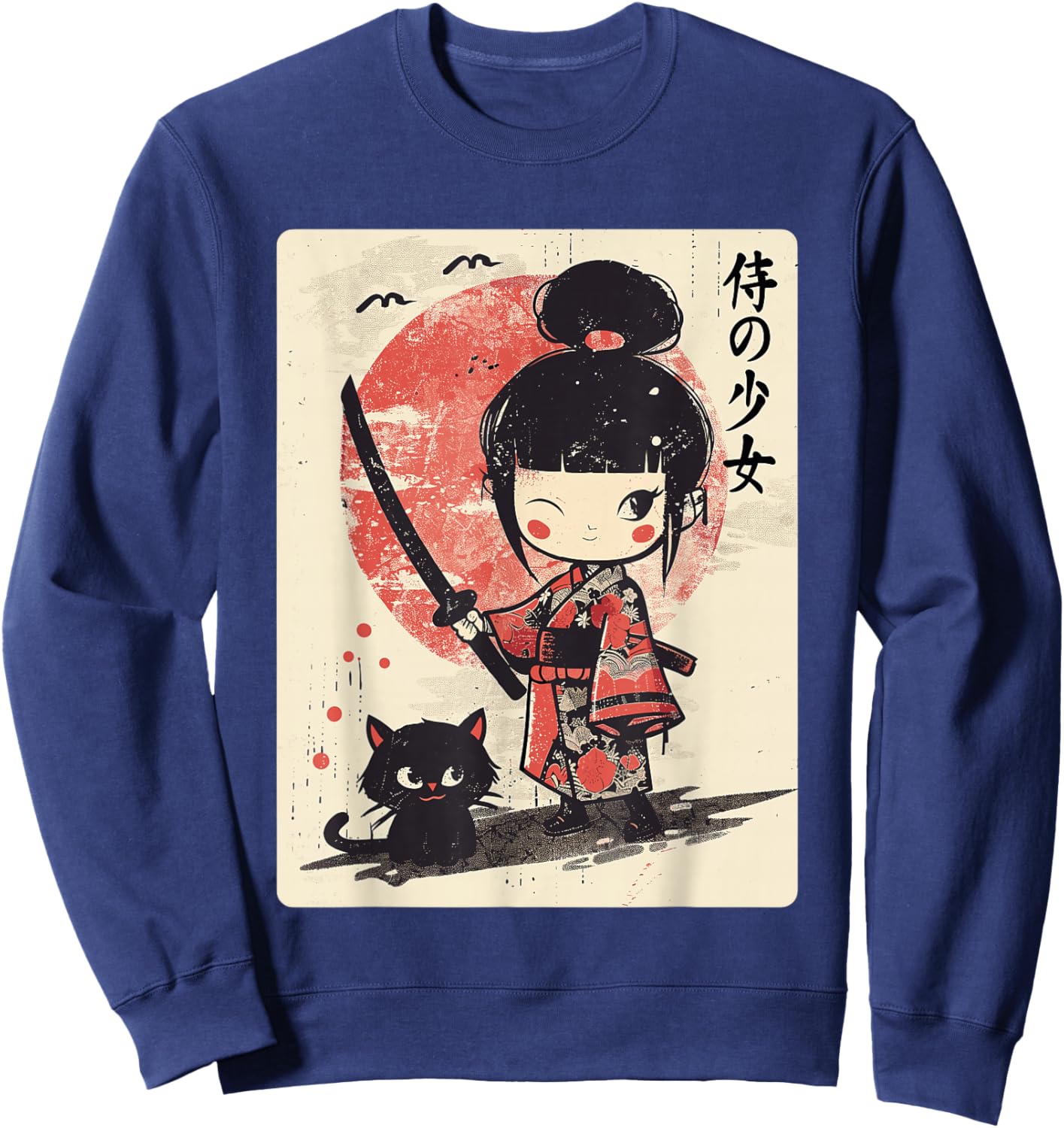 Cute Kawaii Samurai Girl with Katana & Cat Japanese Anime Sweatshirt - Sweatshirt | Navy