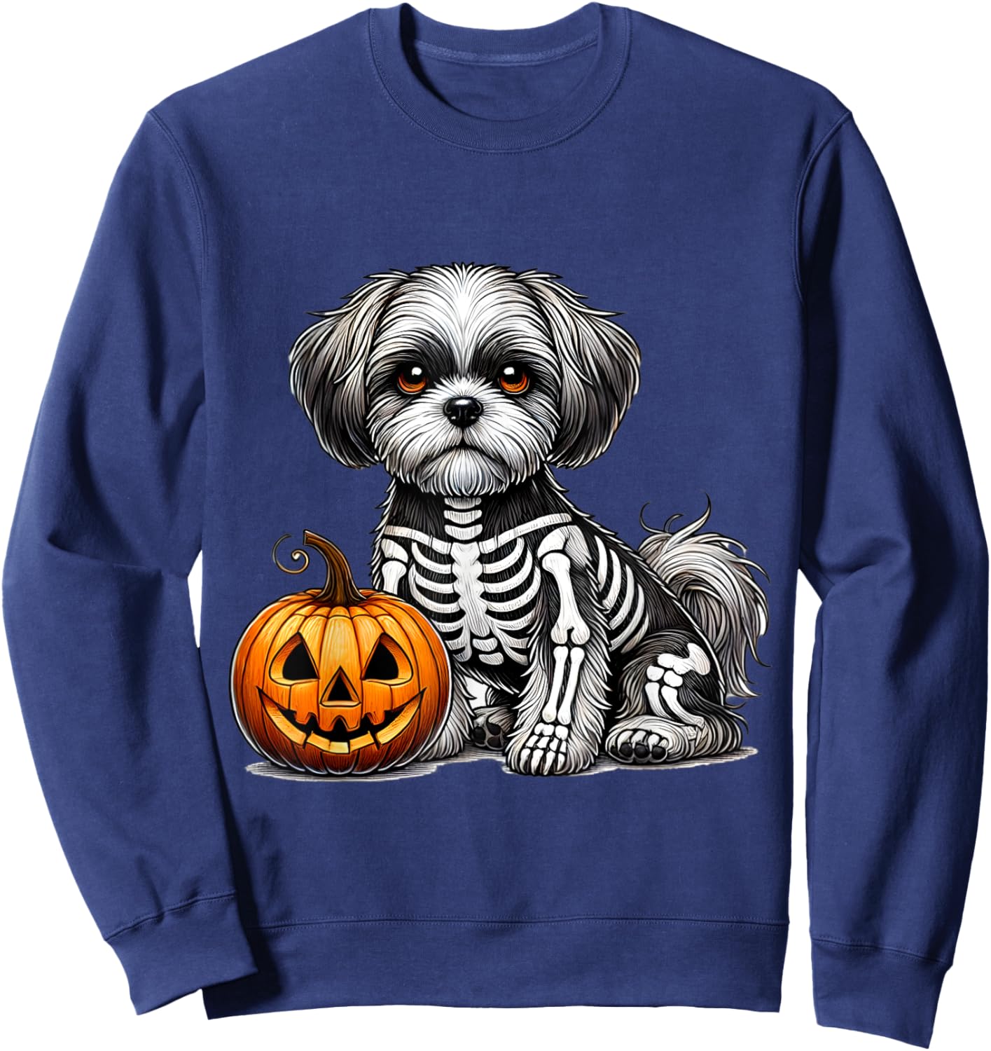 Shih Tzu Skeleton Jack O Lantern Funny Dog Halloween Sweatshirt - Sweatshirt | Navy