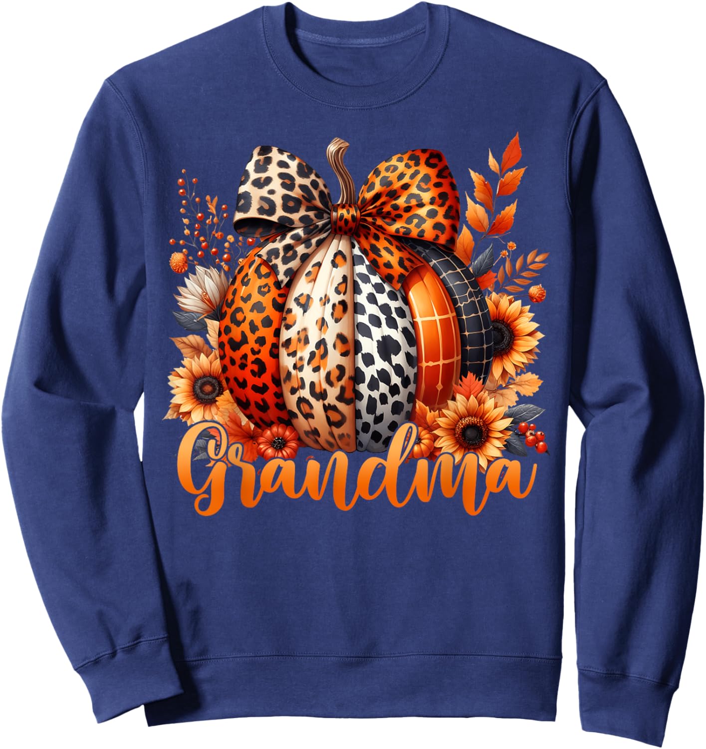 Grandma Thanksgiving Leopard Pumpkin Sunflower Coquette Bow Sweatshirt - Sweatshirt | Navy