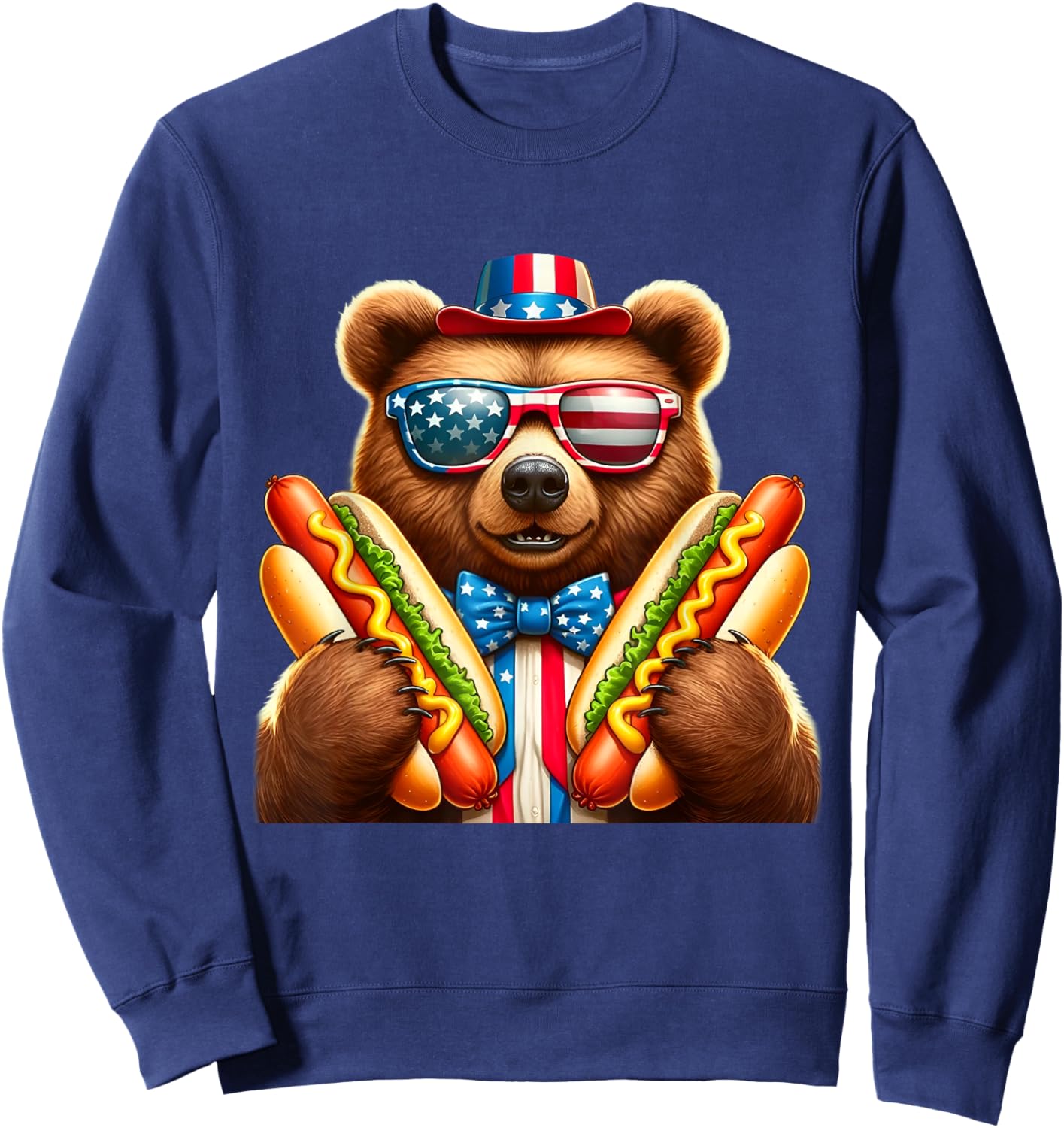 Hotdog Bear Funny Patriotic Bear USA Flag Wiener 4th of july Sweatshirt - Sweatshirt | Navy