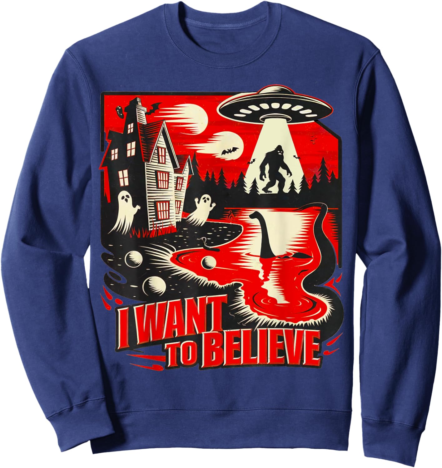 I want to believe UFO Loch Ness Ghost Sweatshirt - Sweatshirt | Navy