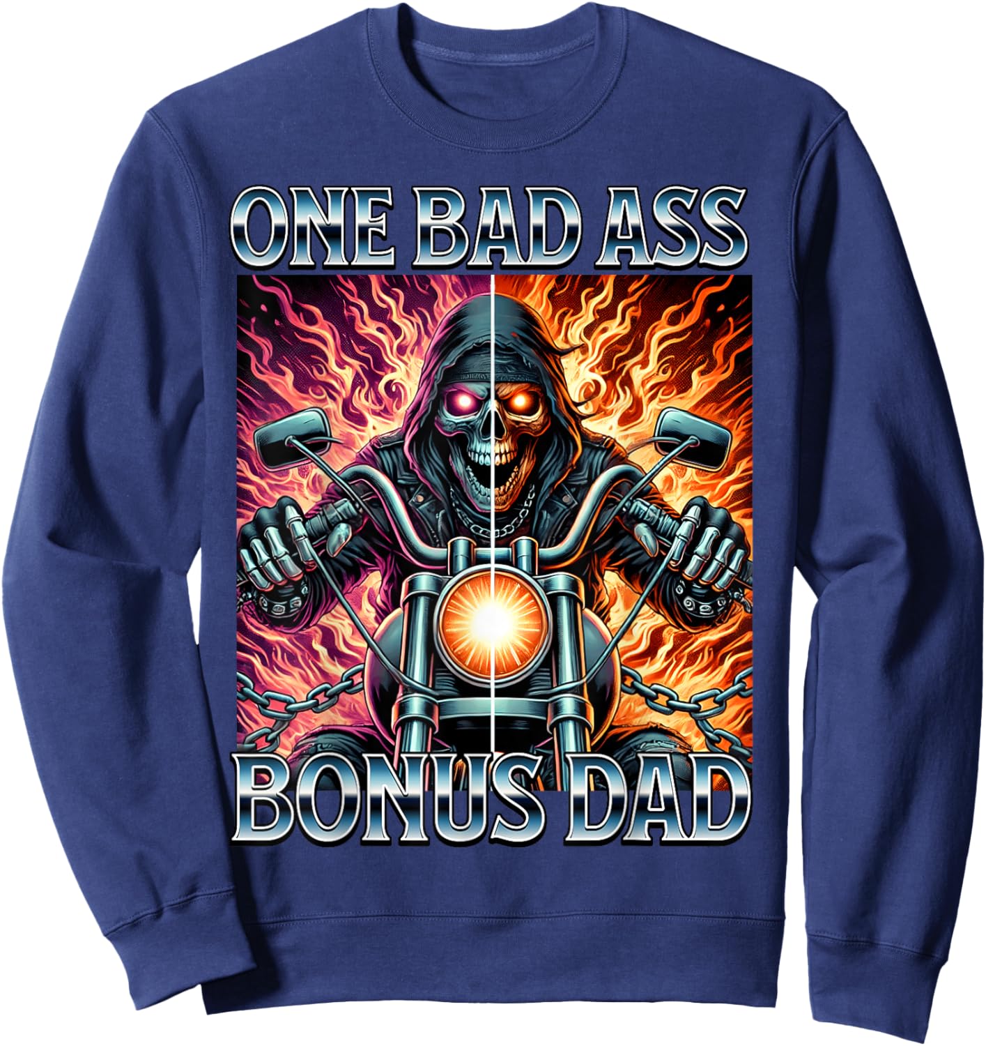 Bad Ass Bonus Dad Skeleton Step Dad Biker Stepdad Motorcycle Sweatshirt - Sweatshirt | Navy