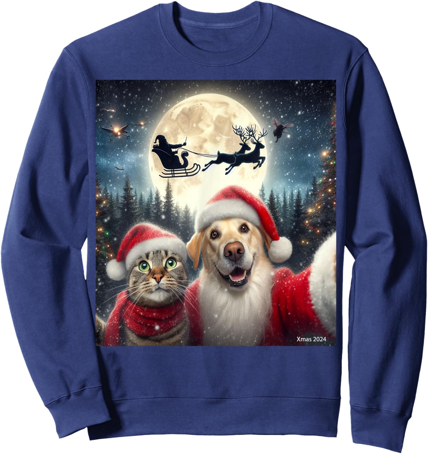 Funny cat and dog selfie with Santa Claus Christmas xmas eve Women Kids Sweatshirt - Sweatshirt | Navy