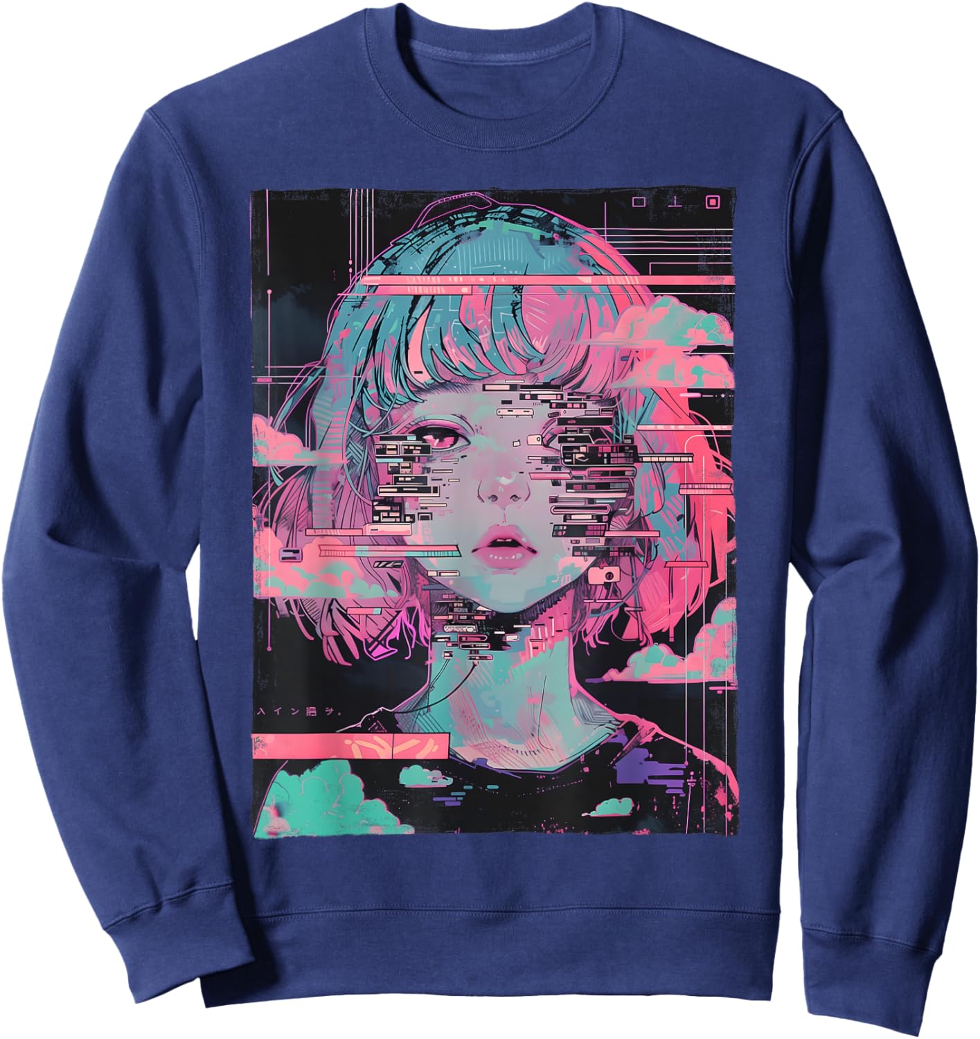 Anime Girl Vaporwave Glitch Cyber Goth E-Girl Distressed Sweatshirt - Sweatshirt | Navy
