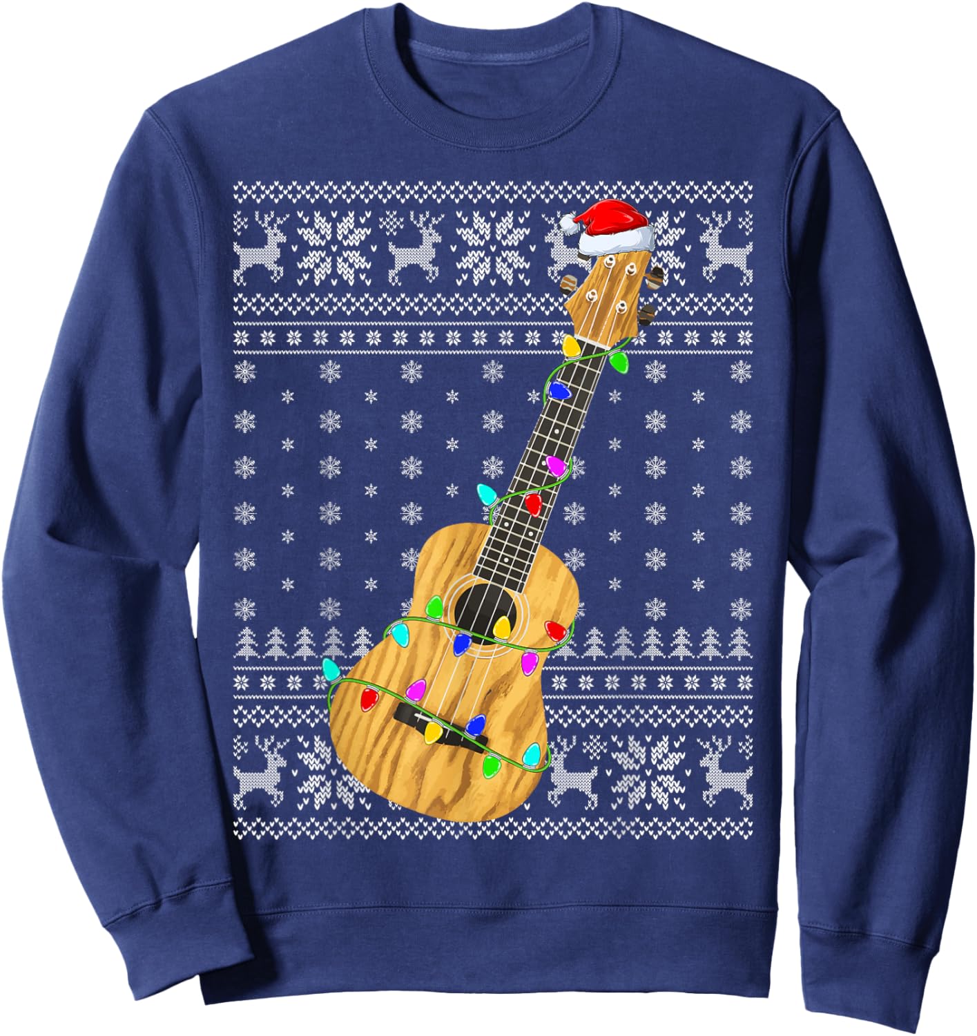 Ugly Sweater Xmas Lights Santa Hat Musical Ukulele Christmas Sweatshirt - Sweatshirt | Navy