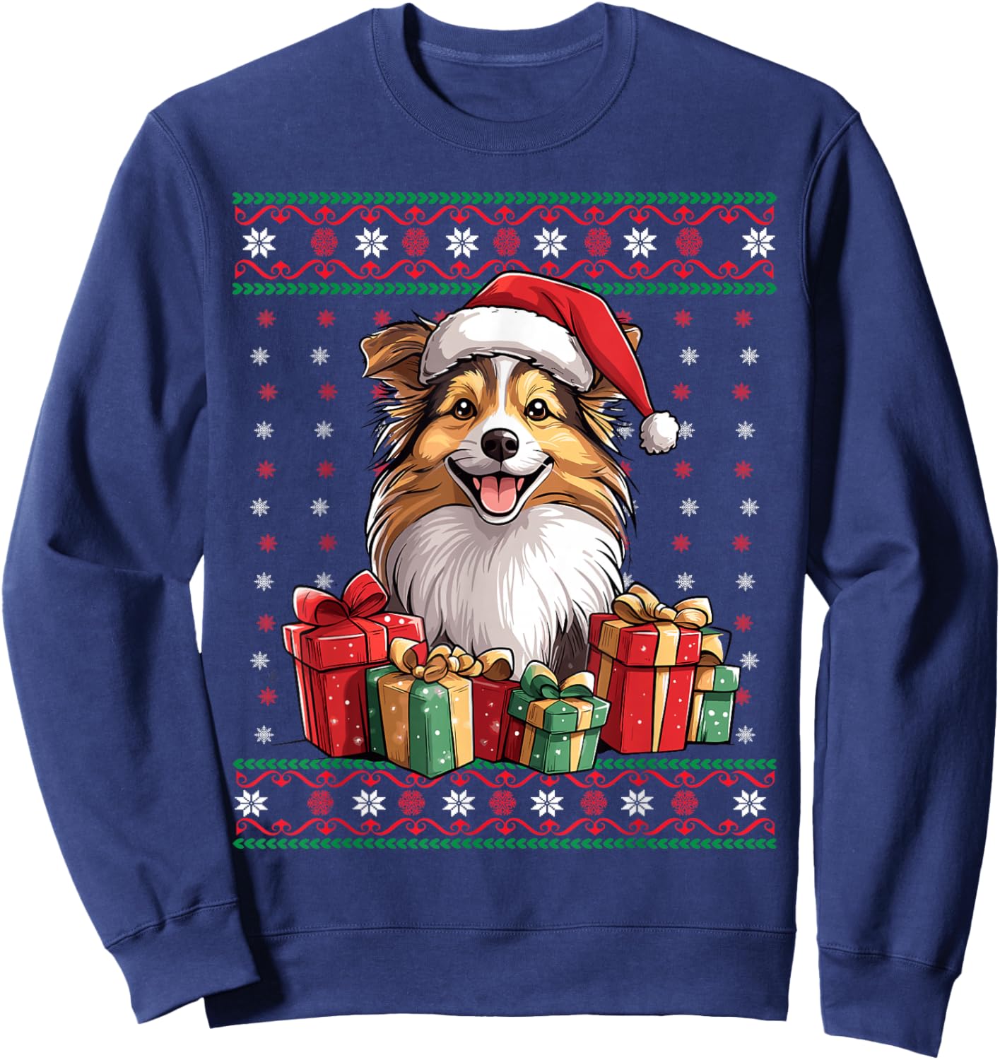 Sheltie Santa Hat Dog Lover Xmas Sheltie Ugly Christmas Men Women Kids Sweatshirt - Sweatshirt | Navy