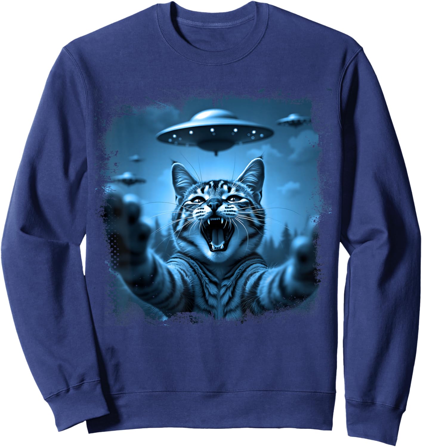 Funny Cat Selfie with UFOs Funny Cats Alien Design Sweatshirt - Sweatshirt | Navy