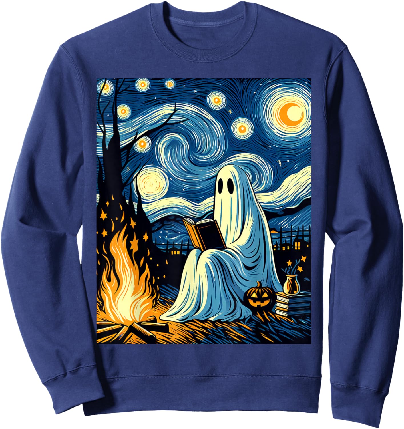 Ghost Book Reading Camping Halloween Van Gogh Starry Night Sweatshirt - Sweatshirt | Navy
