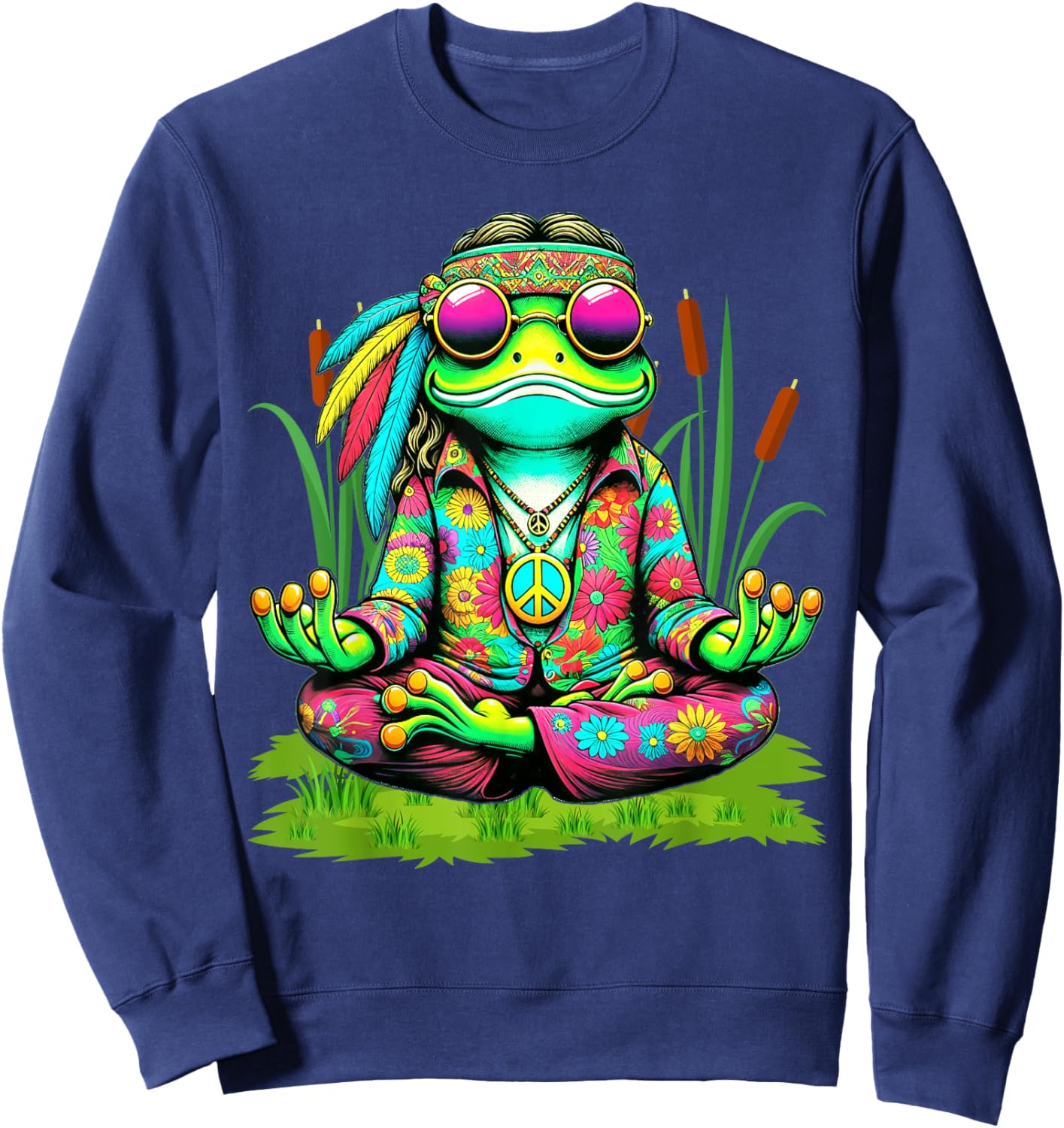 Frog Peace Sign Sunglasses Hippie Sweatshirt - Sweatshirt | Navy