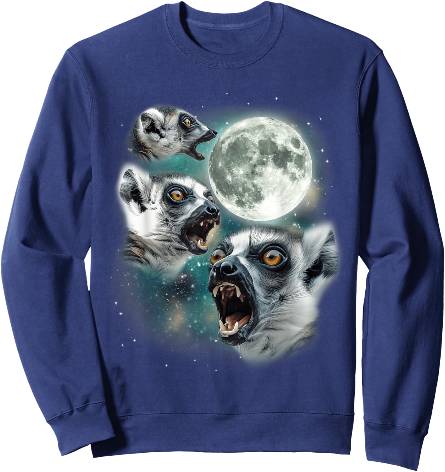 Three Lemur Moon | 3 Lemurs Howling Funny Weird Cursed Meme Sweatshirt - Sweatshirt | Navy