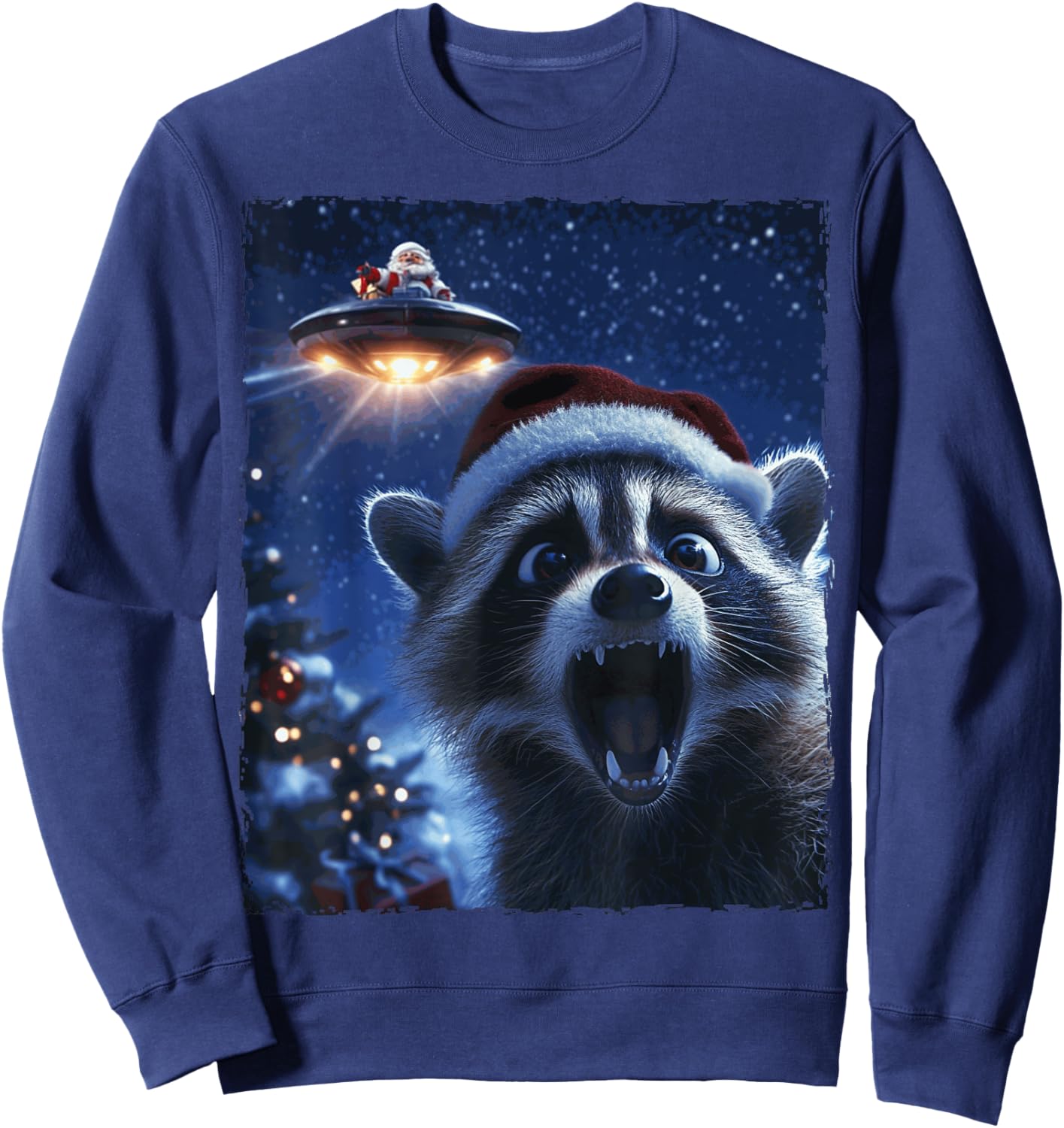 Funny Raccoon Selfie Santa Ufo Xmas Christmas Sweatshirt - Sweatshirt | Navy