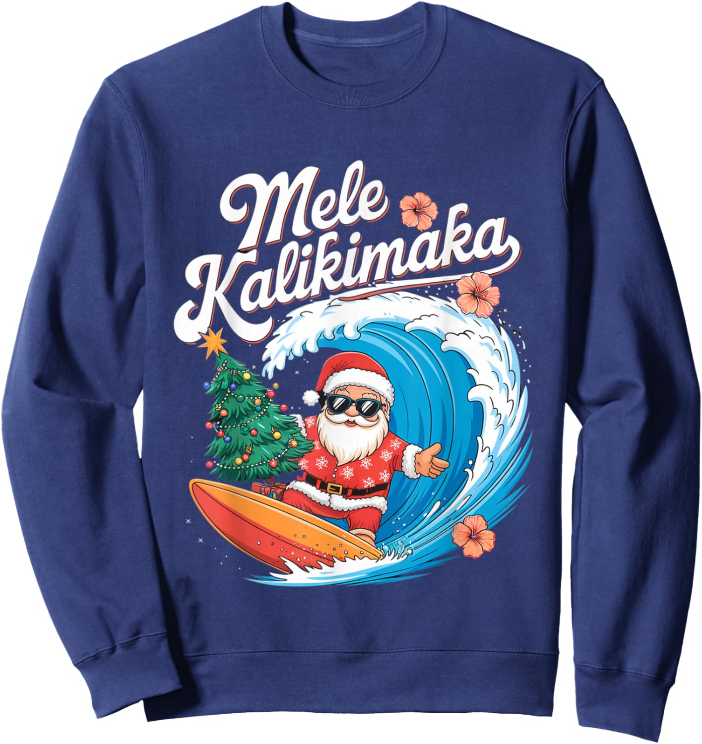 Vintage Cute Mele Kalikimaka Christmas Santa Surfing Costume Sweatshirt - Sweatshirt | Navy
