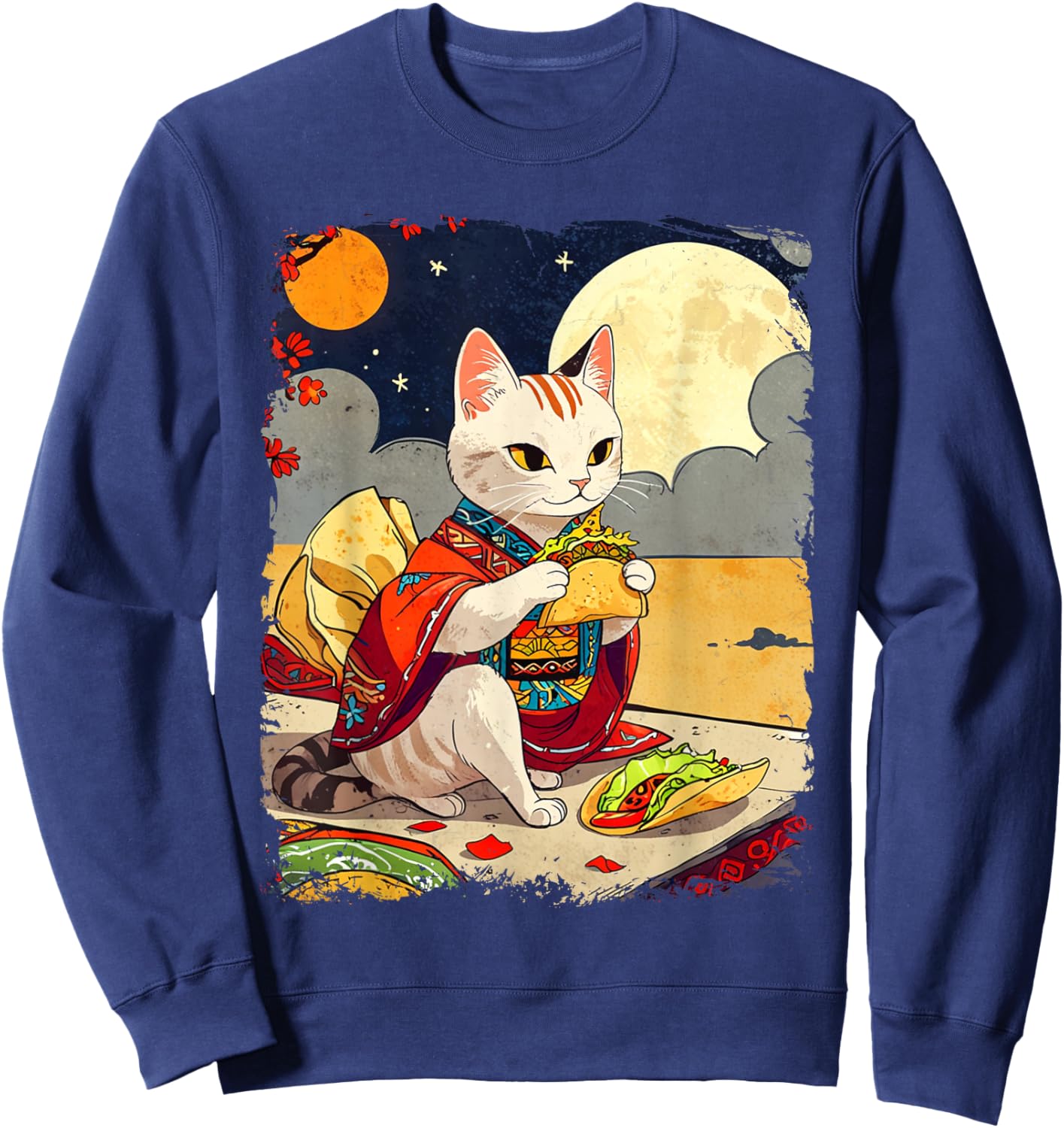 Cat Eating Tacos Funny Taco Cat Ukiyo-e Art Mexican Cat Sweatshirt - Sweatshirt | Navy