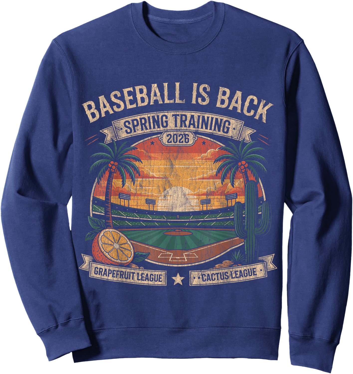 Spring Training Baseball is Back 2026 Retro Stadium Sunset T-Shirt - Sweatshirt | Navy