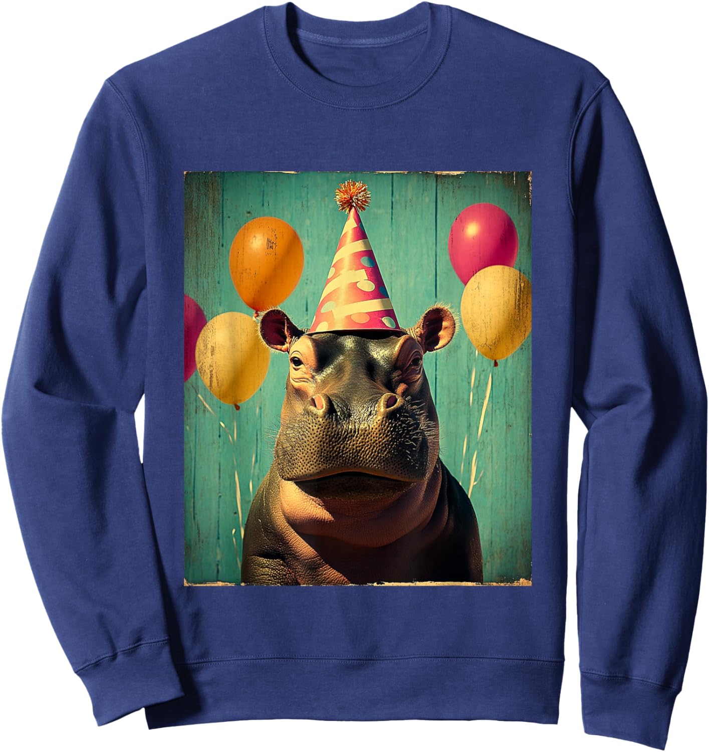 Hippo Retro Art Print Birthday Party Balloons & Party Hat Sweatshirt - Sweatshirt | Navy