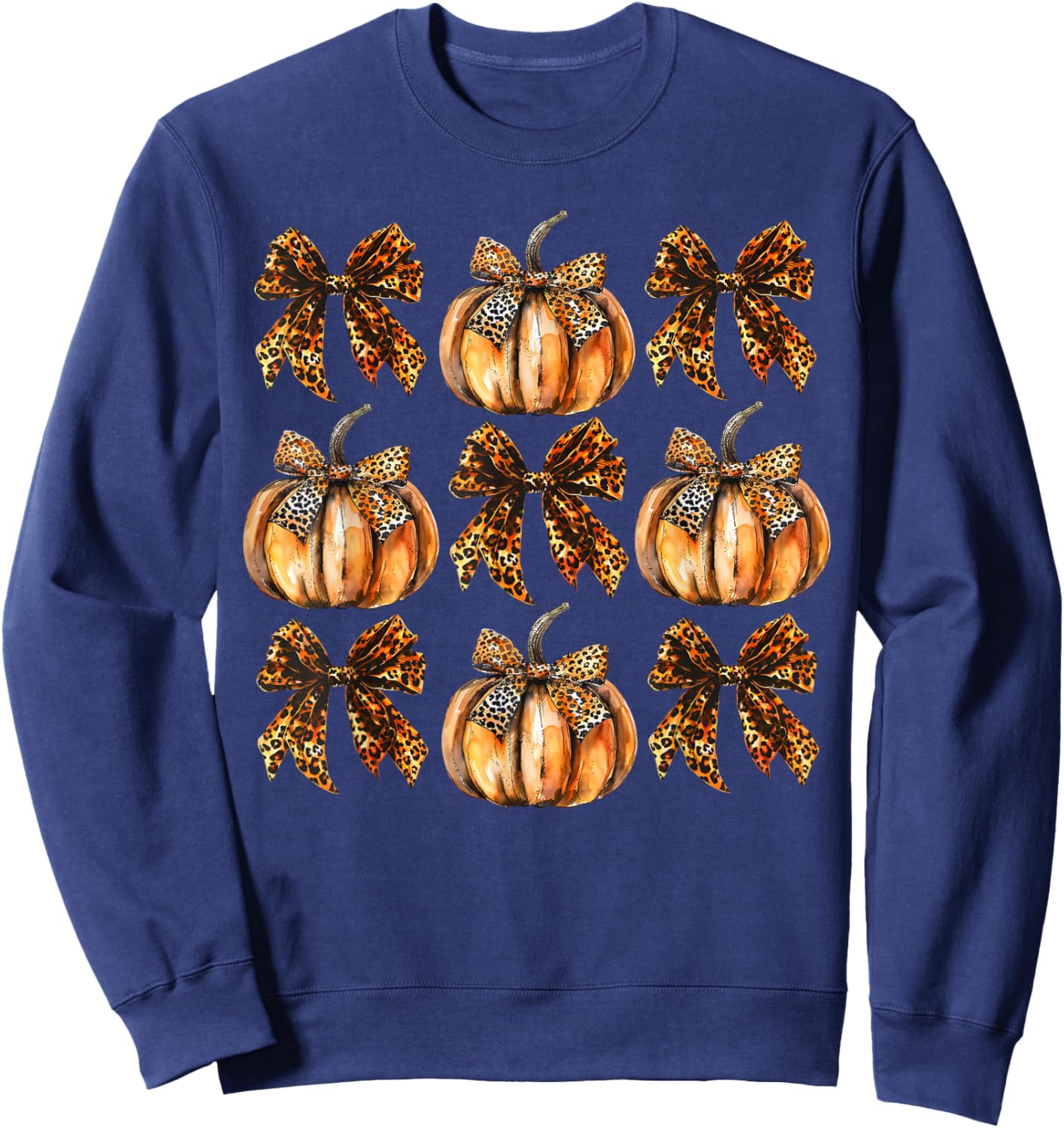 Leopard Coquette Bow Pumpkin Thanksgiving Autumn Fall Leaves Sweatshirt - Sweatshirt | Navy