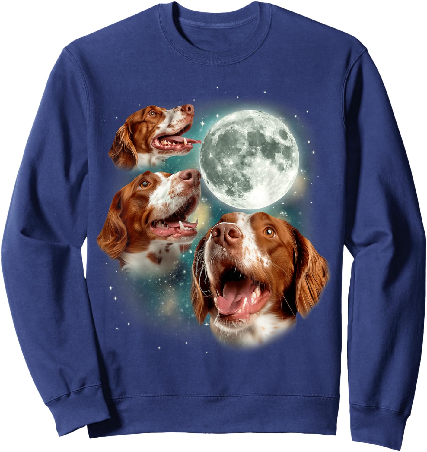 Three Brittany Spaniel Moon | 3 Spaniels Howling at Moon Dog Sweatshirt - Sweatshirt | Navy