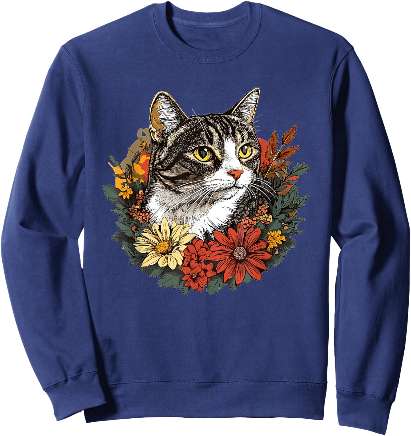 Tabby Cat Surrounded By Colorful Flowers Sweatshirt - Sweatshirt | Navy