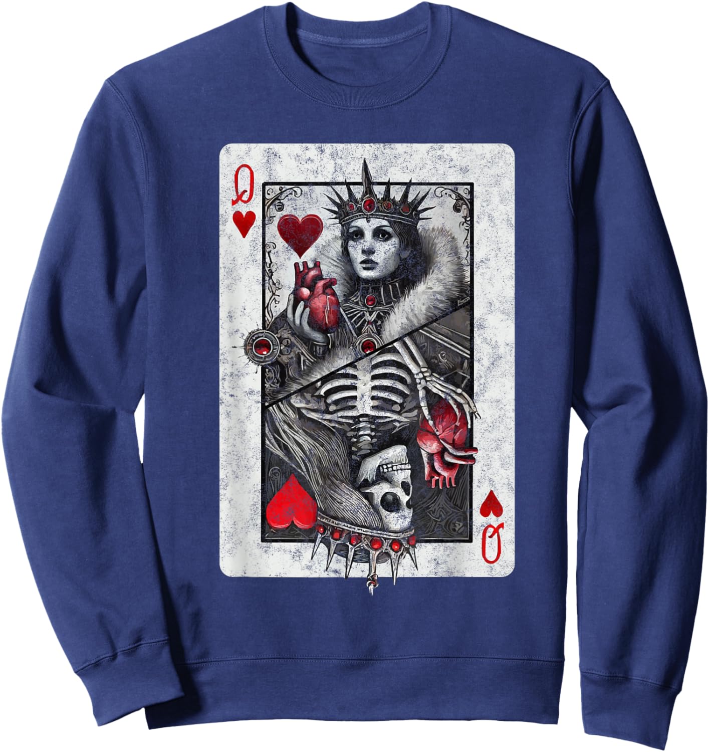 Playing Card Queen of Hearts Death Skeleton Halloween Sweatshirt - Sweatshirt | Navy