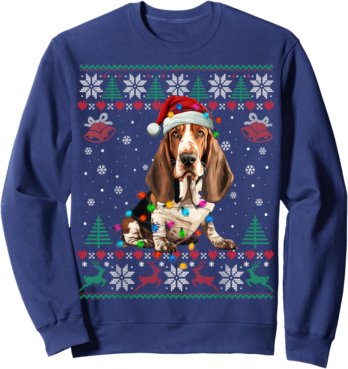 Dog Christmas Lights Ugly Sweater Basset Hound Dog Xmas Sweatshirt - Sweatshirt | Navy