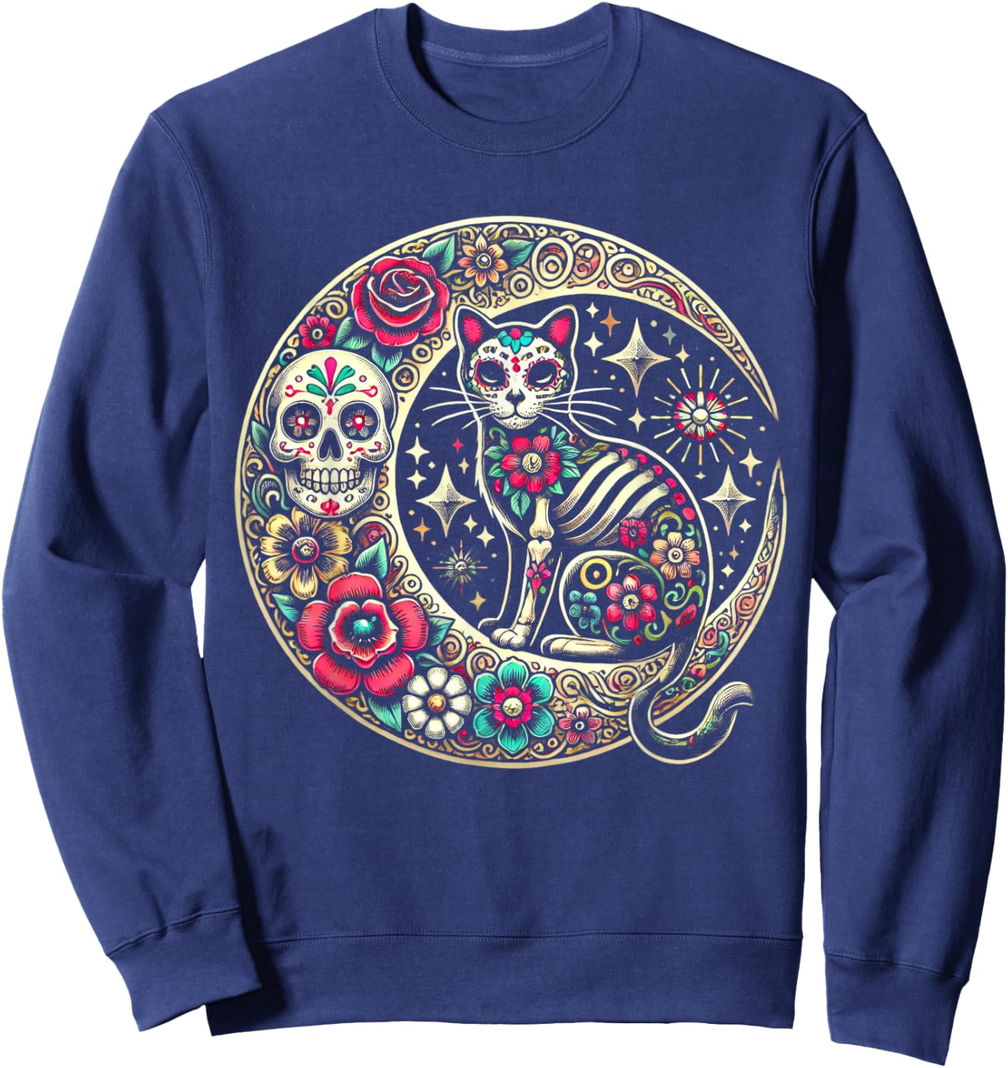 Cat Moon Dia De Los Muertos Day Of The Dead Sugar Skull Sweatshirt - Sweatshirt | Navy