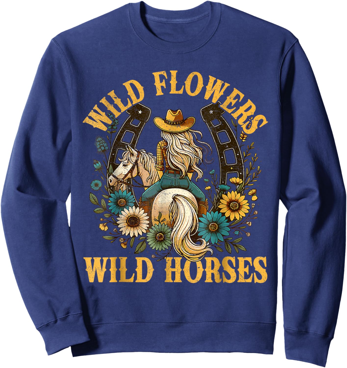 Retro Southern Sunset Cowgirl Wild Flowers Wild Horses Sweatshirt - Sweatshirt | Navy