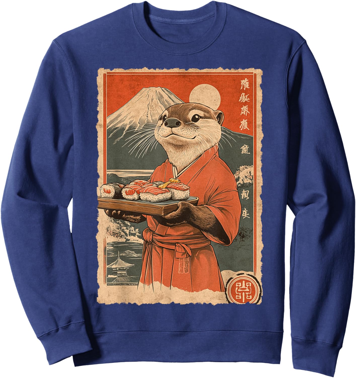 Funny Vintage Japanese Food Art Cute Sea Otter Sushi Chef Sweatshirt - Sweatshirt | Navy