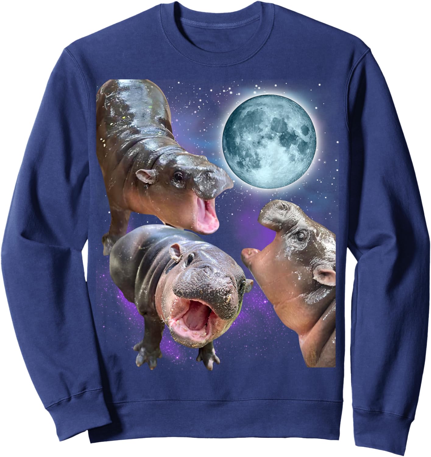 Moo-Deng 3 Hippos Moon Howling Hippo Head Cute Baby Hippo Sweatshirt - Sweatshirt | Navy