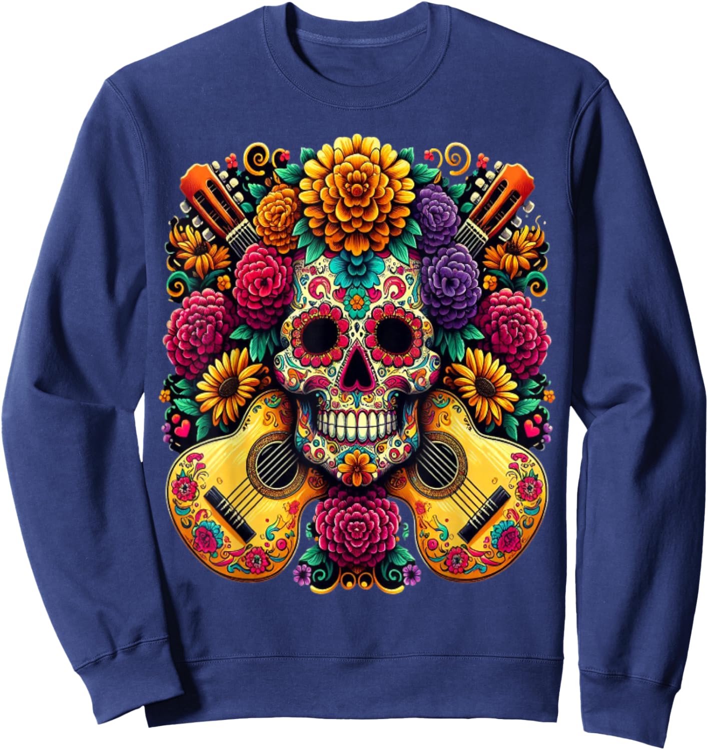 Flower Guitar Skull Day of the Dead Gifts Mariachi Sweatshirt - Sweatshirt | Navy