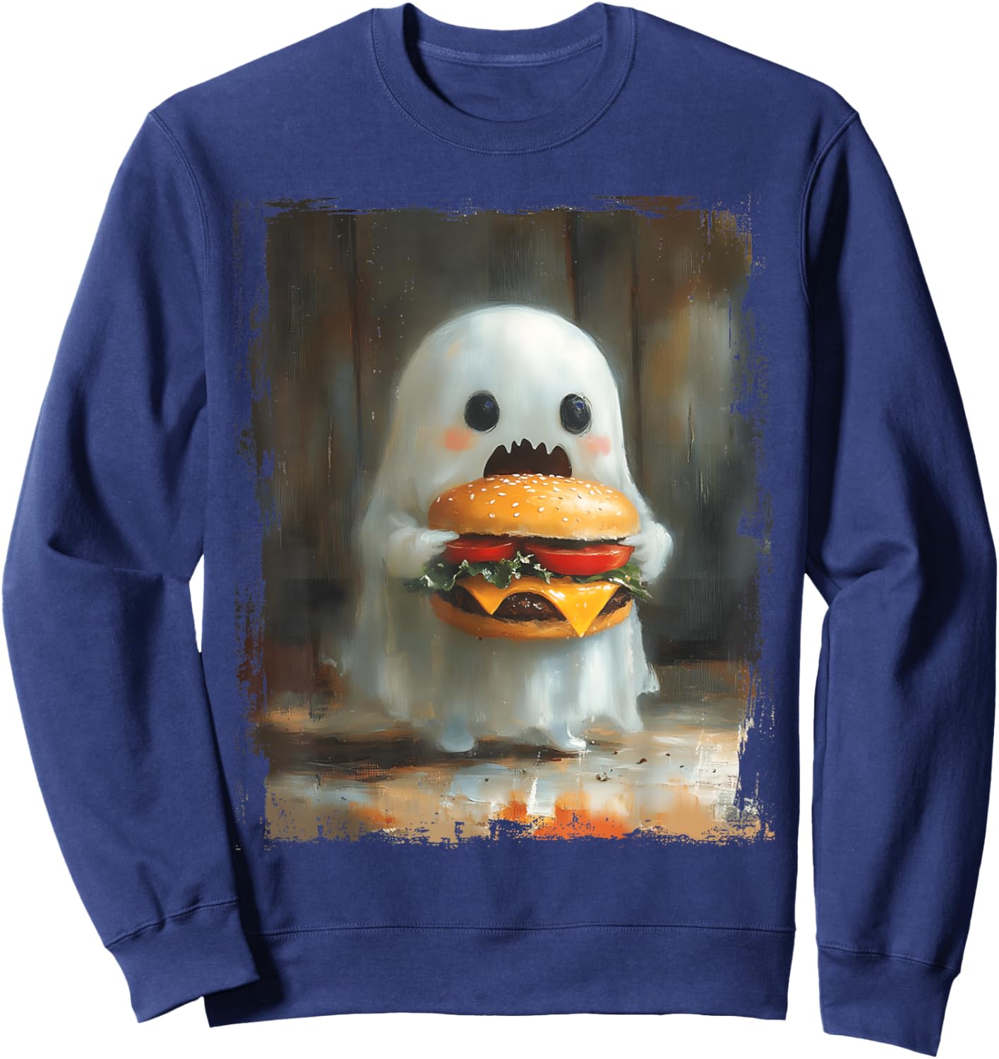 Cute Hamburger Ghost Eating Burger Halloween Food Lovers Sweatshirt - Sweatshirt | Navy