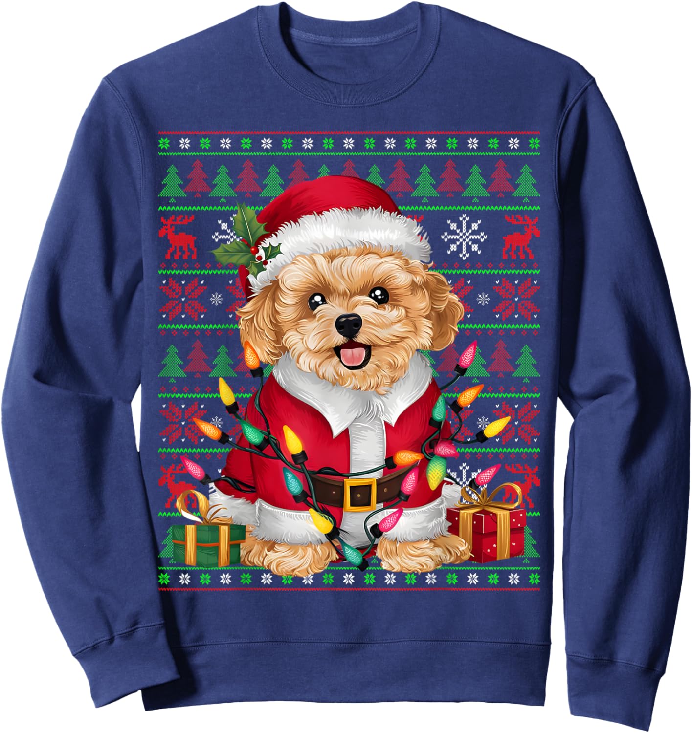 Maltipoo Dog Xmas Lights Ugly Santa Maltipoo Christmas Sweatshirt - Sweatshirt | Navy
