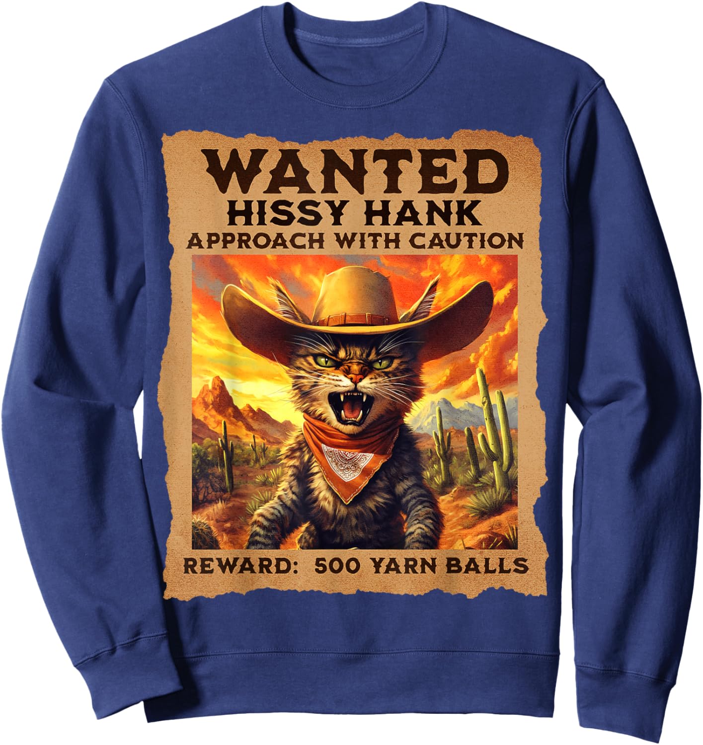 'Wanted: Hissy Hank' Funny Cowboy Cat Western - -Adults and Kids - Black - Small - Short Sleeve Sweatshirt - Sweatshirt | Navy