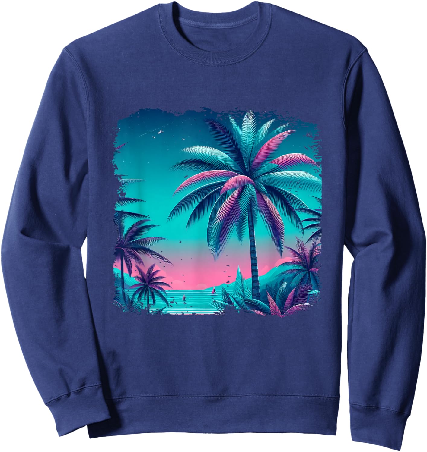 Palm a Trees Tropical Teal Turquoise Purple Beach Vacation Sweatshirt - Sweatshirt | Navy