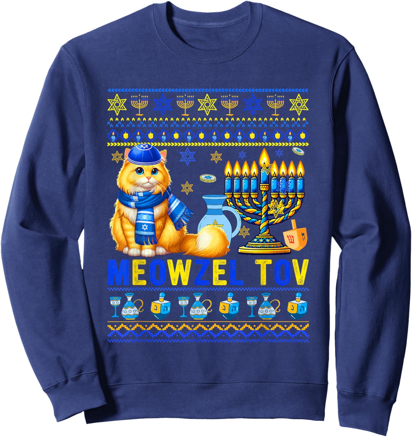 Meowzel Tov Hanukkah Sweater Cat Costume Jewish Menorah Sweatshirt - Sweatshirt | Navy