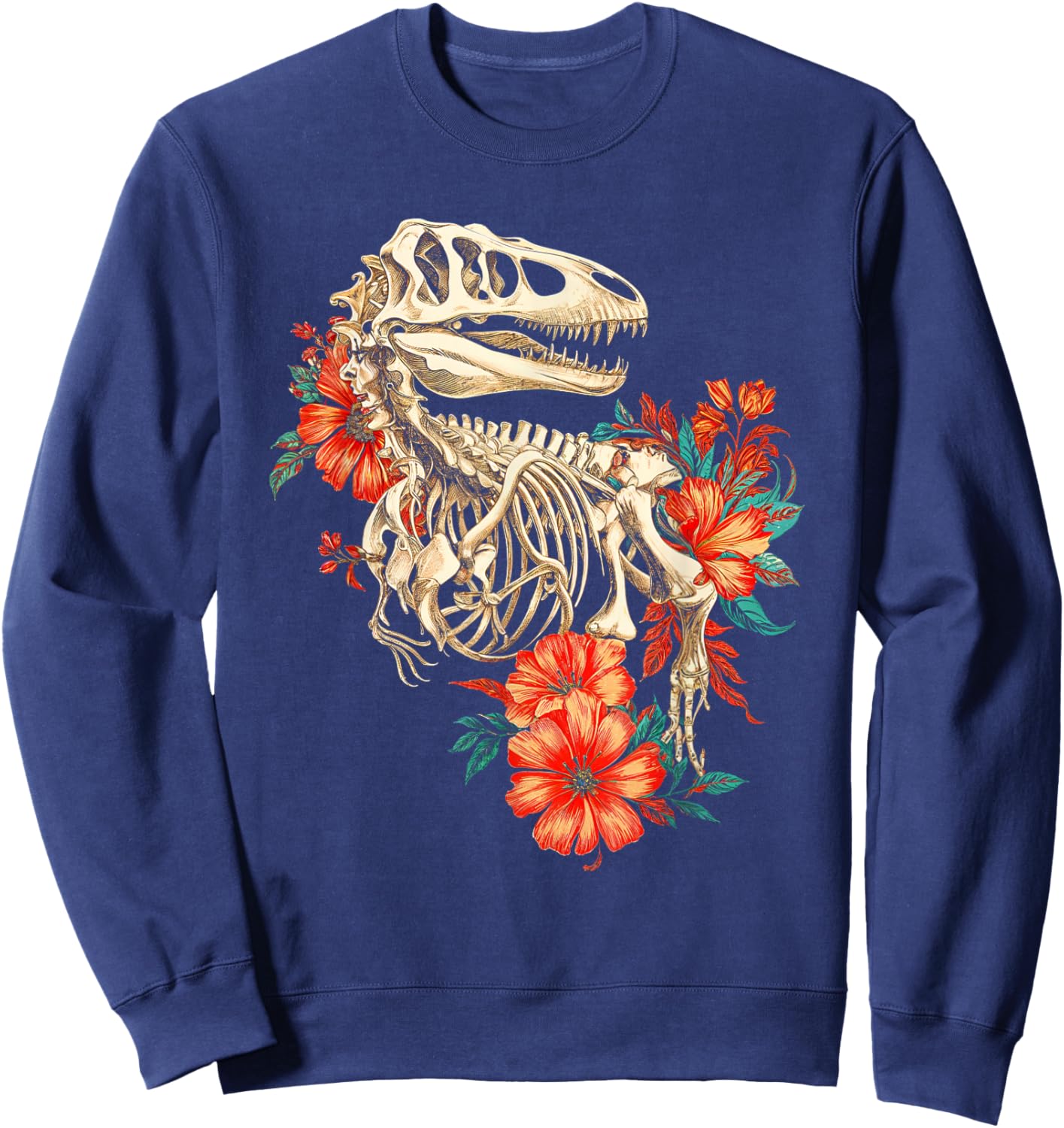 Rex Skeleton Bones Flowers Dino Paleontology Dinosaur Sweatshirt - Sweatshirt | Navy