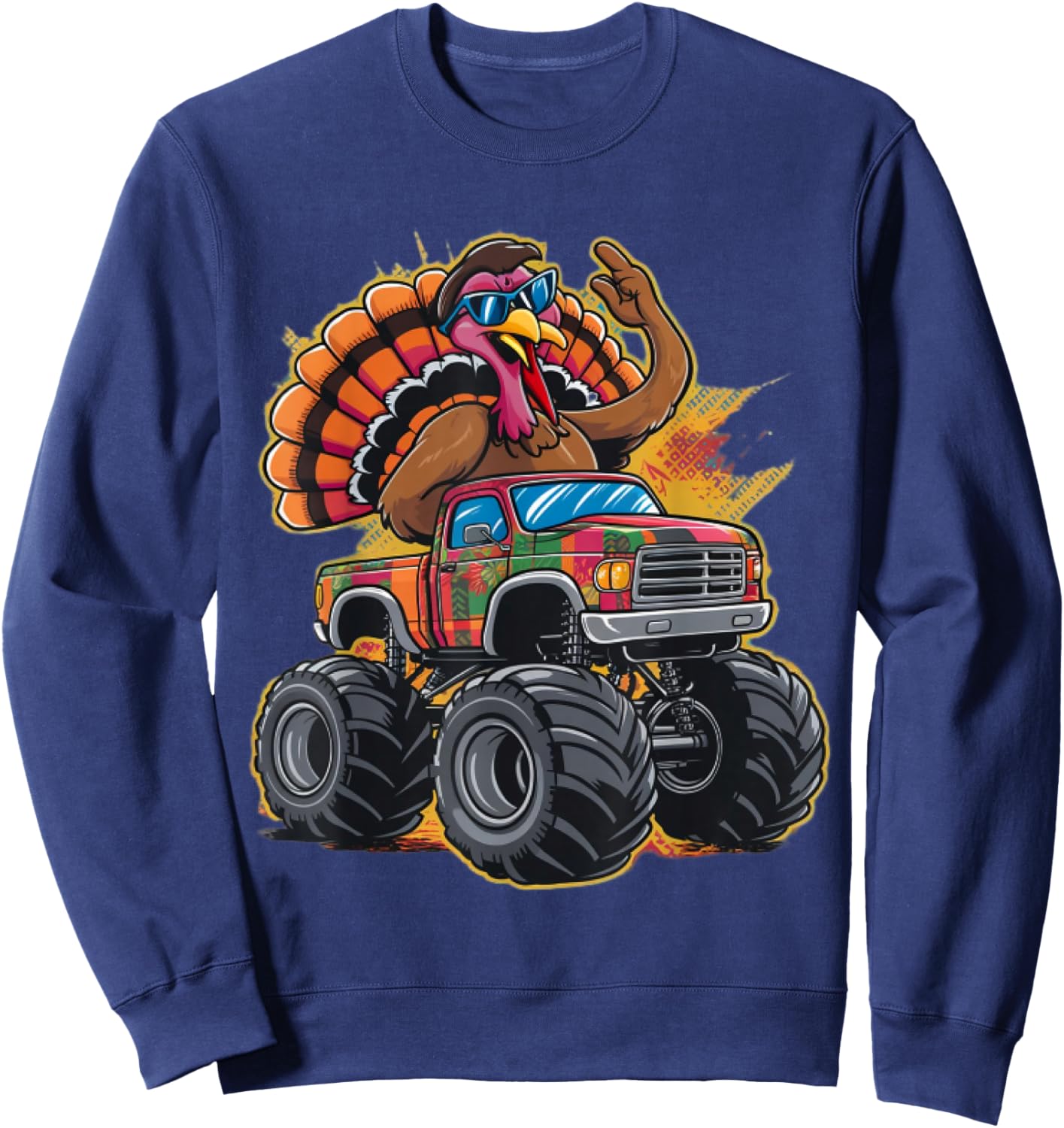 Thanksgiving Turkey Riding Monster Truck Boys Kids Sweatshirt - Sweatshirt | Navy