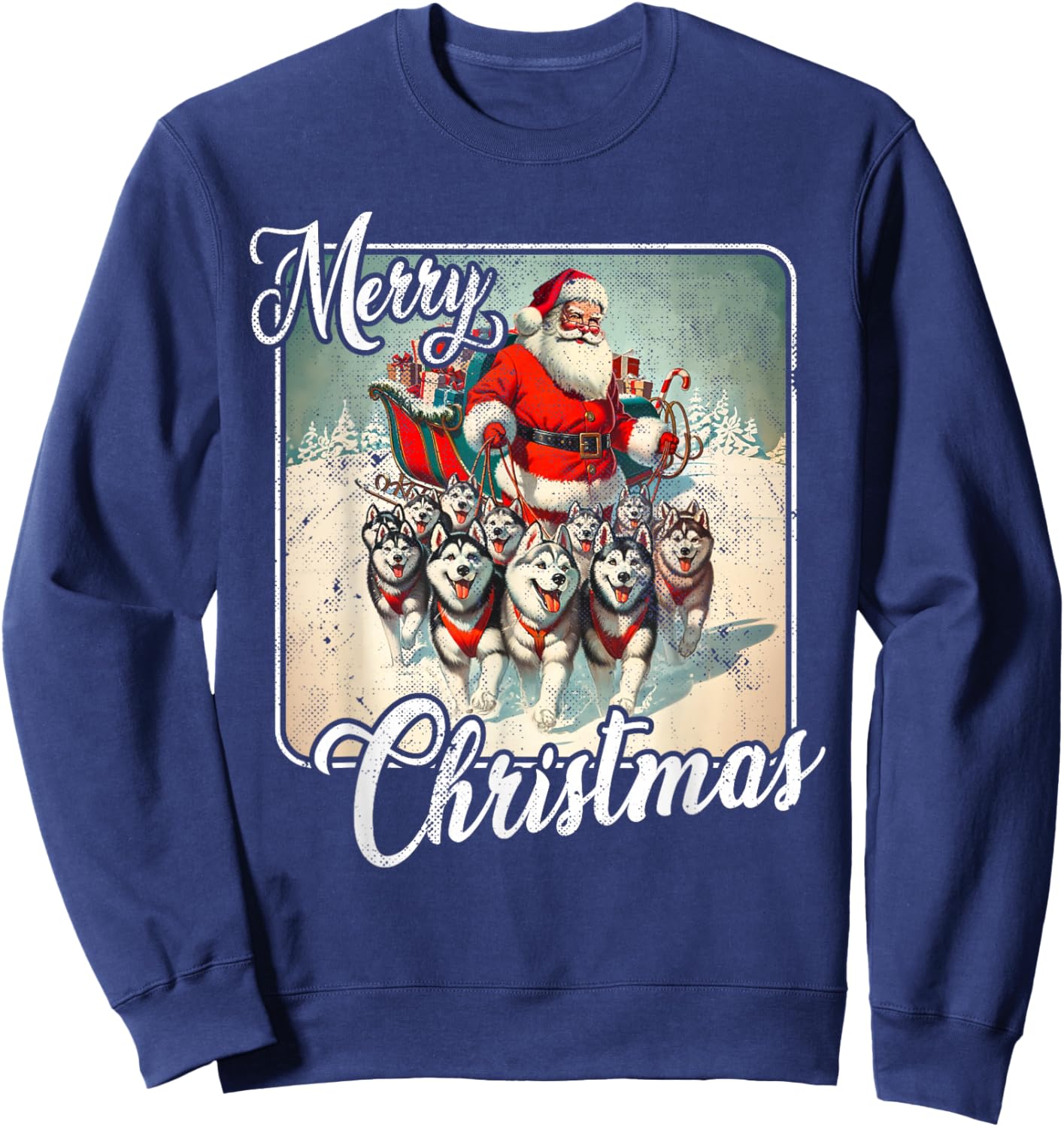 Vintage Husky Family Christmas Huskies Pulling Santa Sleigh Sweatshirt - Sweatshirt | Navy