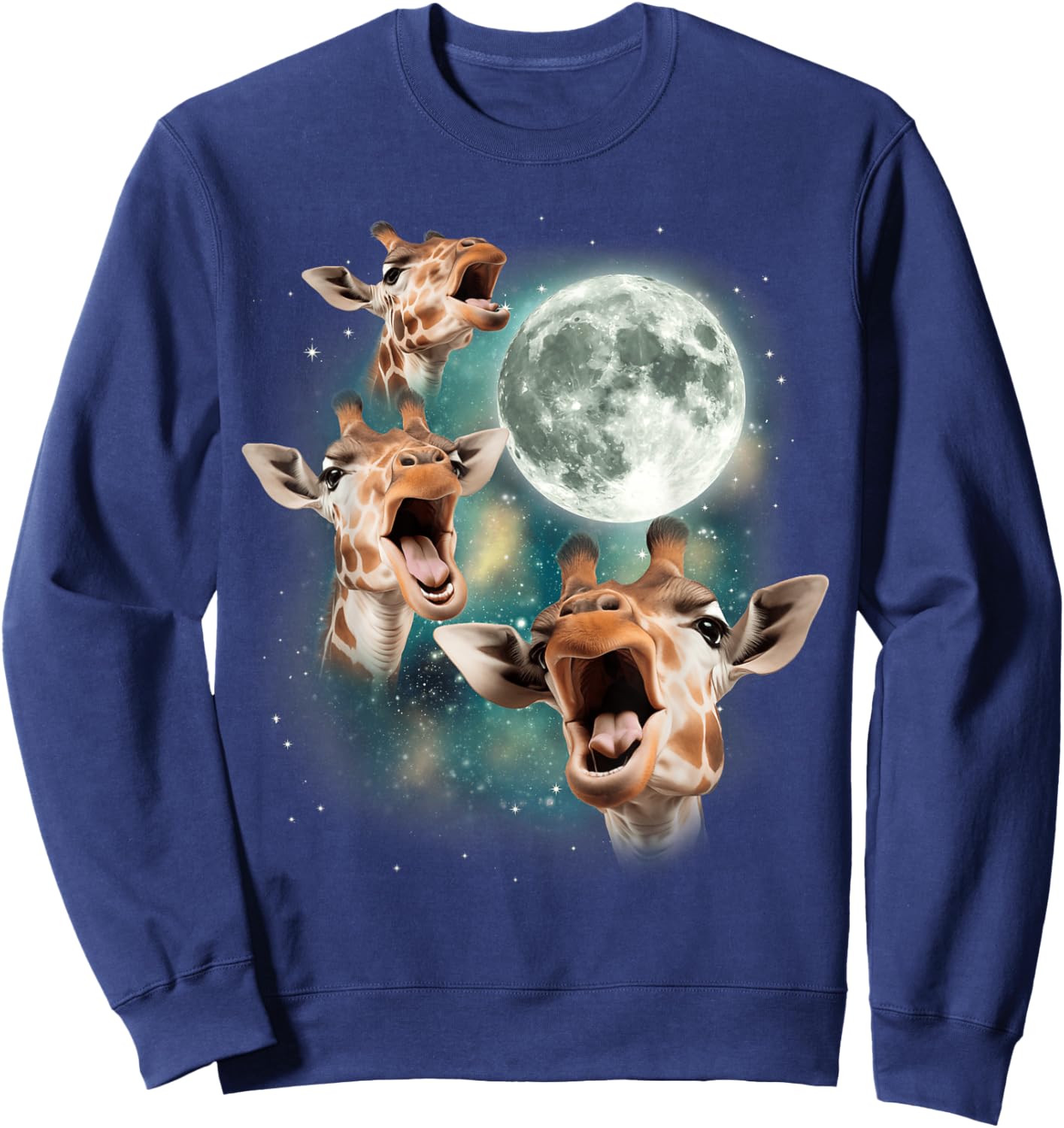 Three Giraffes Howling at Moon | 3 Savanna Wildlife Animals Sweatshirt - Sweatshirt | Navy
