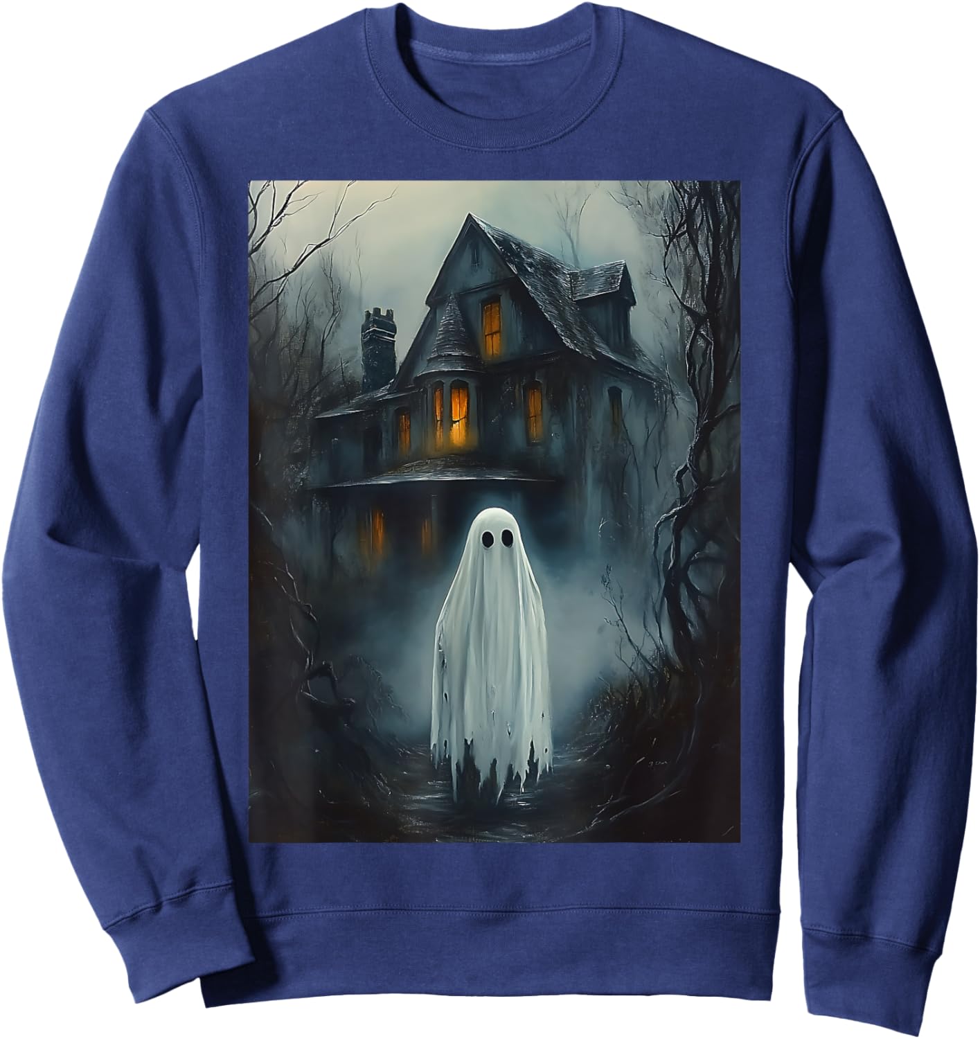 Vintage Haunted House Halloween Midnight Spooky Ghost Horror Sweatshirt - Sweatshirt | Navy