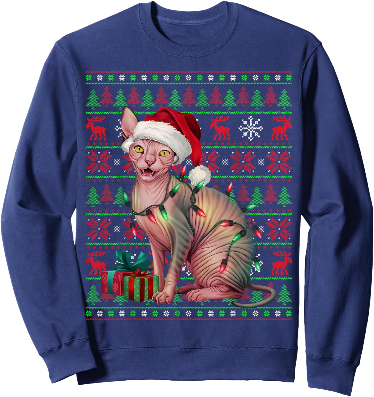 Sphynx Cat Xmas Lights Ugly Santa Hat Sphynx Cat Christmas Women Kids Sweatshirt - Sweatshirt | Navy