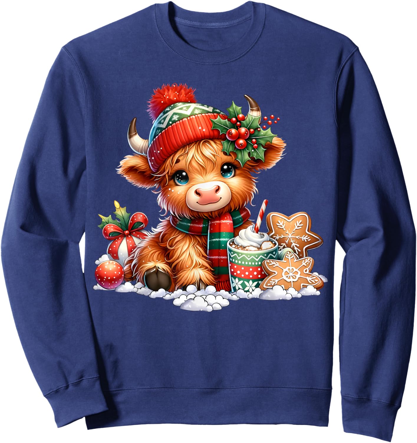 Christmas Highland Cow Cute Heifer Cow Santa Hat Mooey Xmas Sweatshirt - Sweatshirt | Navy