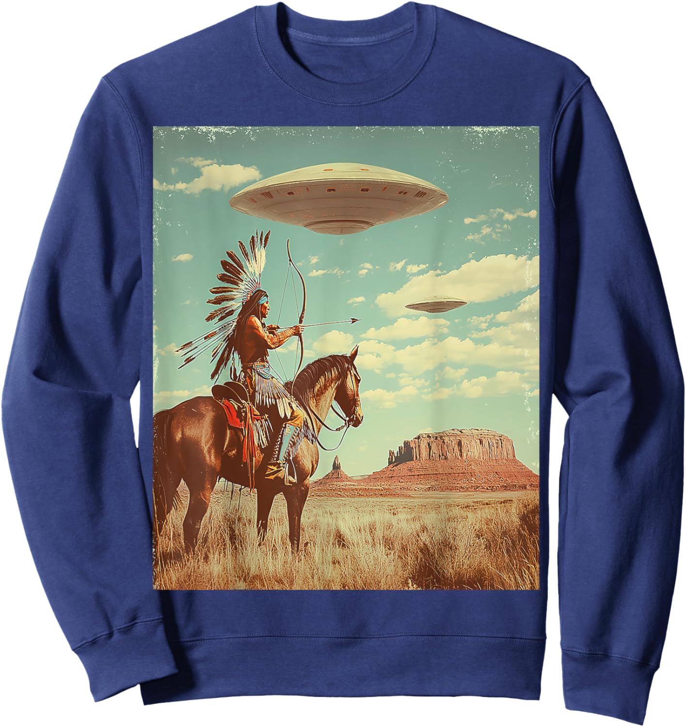 Retro Desert Indian Riding Horse Shooting Bow Arrow UFO Art Sweatshirt - Sweatshirt | Navy