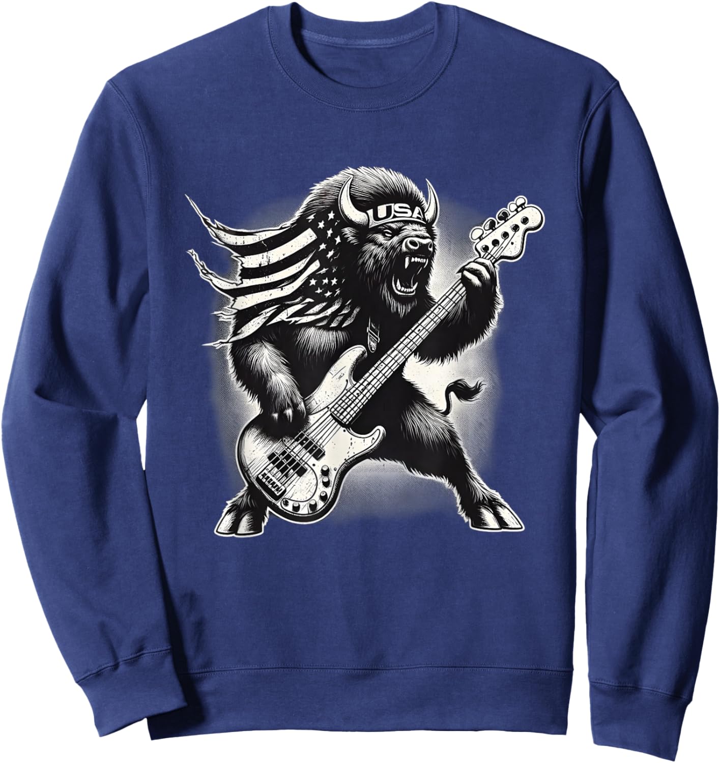 Rock American Bison Playing Guitar Rock and Roll Buffalo Sweatshirt - Sweatshirt | Navy