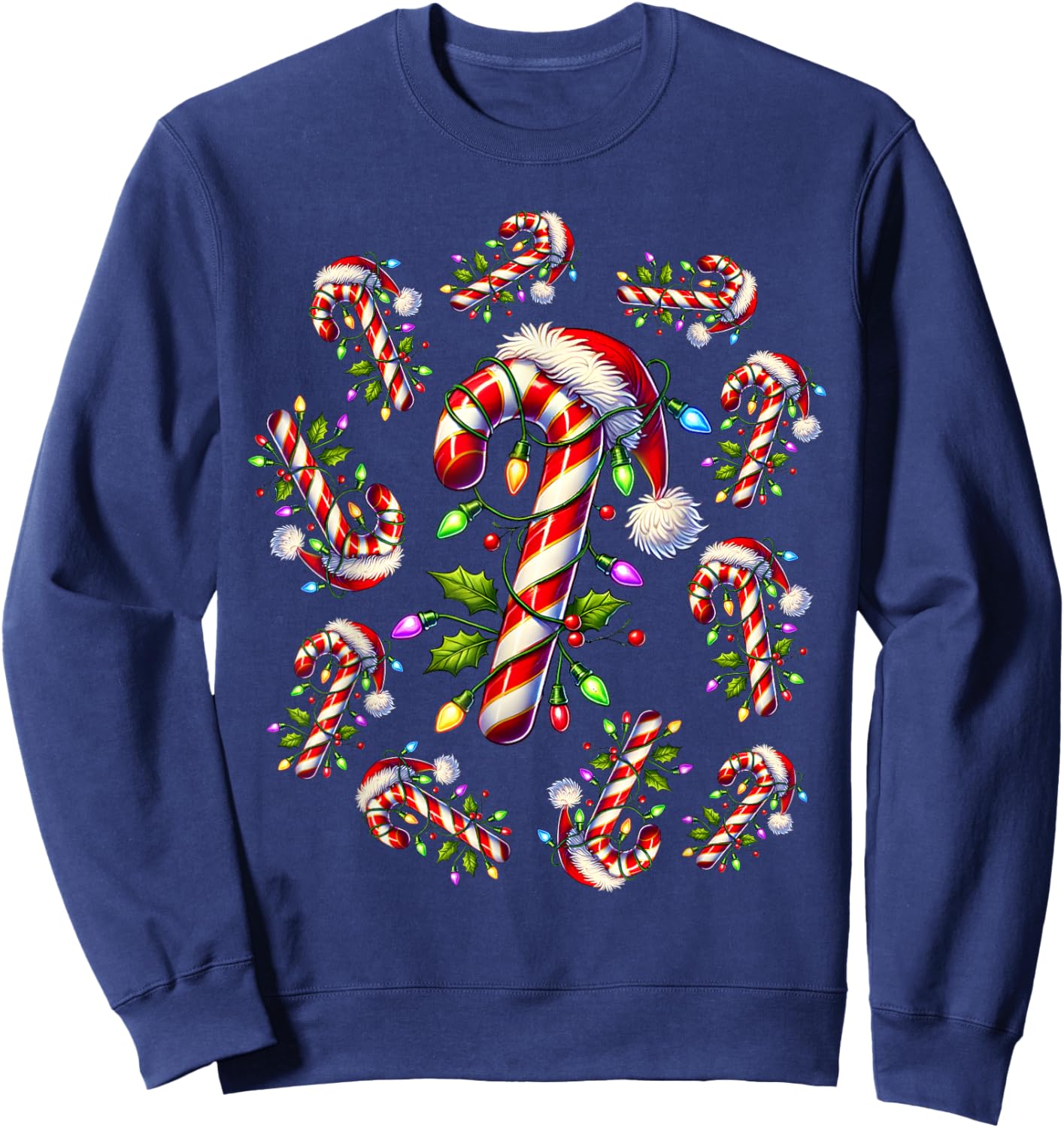 Red and White Candy Cane Santa Christmas Funny Xmas Lights Sweatshirt - Sweatshirt | Navy