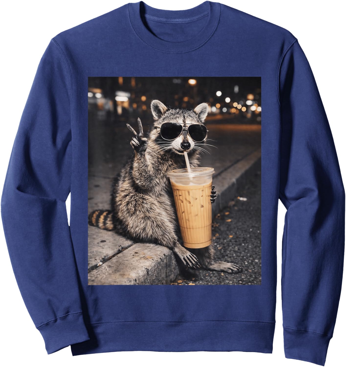 Raccoon Drinking Iced Coffee Funny Animal Meme T-Shirt - Sweatshirt | Navy
